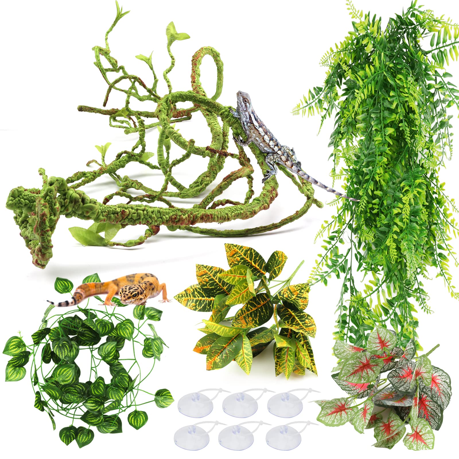 Artificial Reptile Plants & Terrarium Hanging Vines - Realistic Fake Leaves for Leopard Gecko, Bearded Dragon, Snake & Chameleon Habitats - Durable Terrarium Decorations & Hide Accessories - Perfect for Jungle-Themed Vivariums & Reptile Tank Setups
