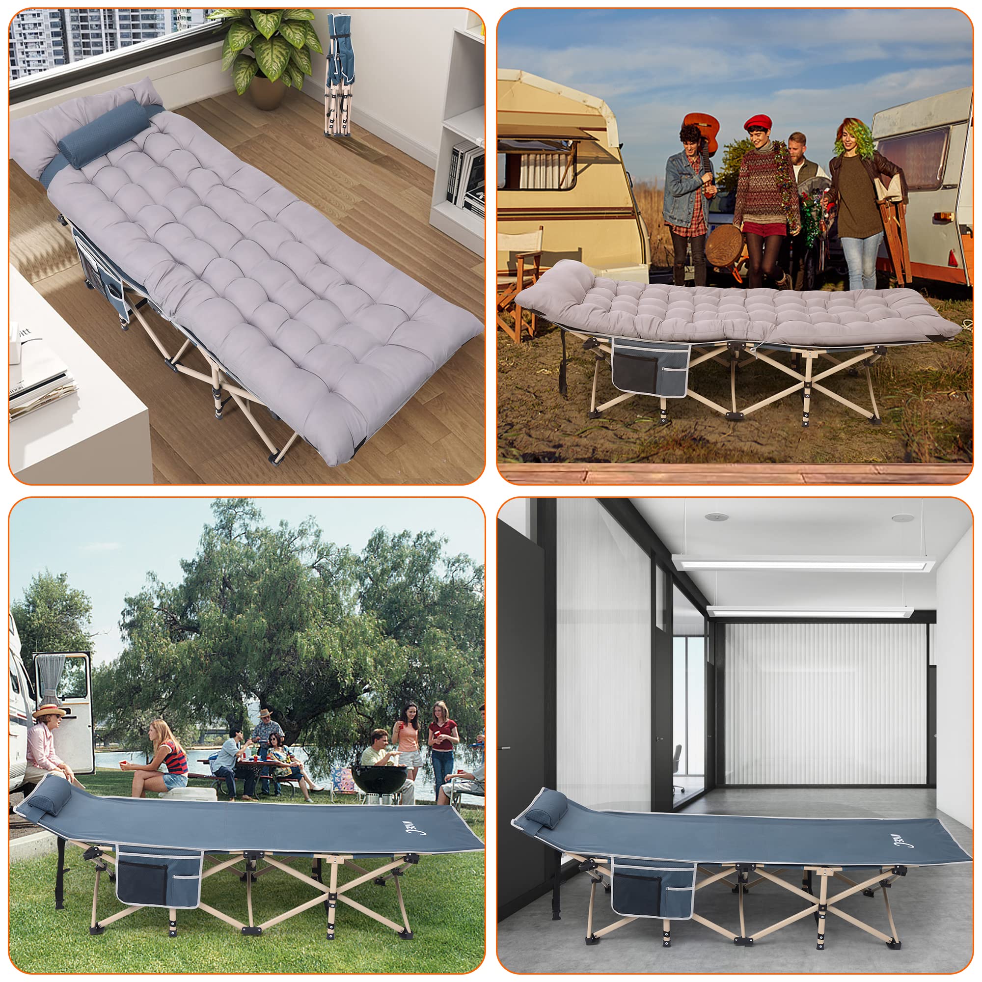 Premium Heated Camping Cot for Adults - Extra Wide Folding Cot with Mattress, Pillow & Storage Pocket - Supports 500 lbs - Navy Blue - Perfect for Outdoor Adventures, Hunting Trips & Emergency Preparedness
