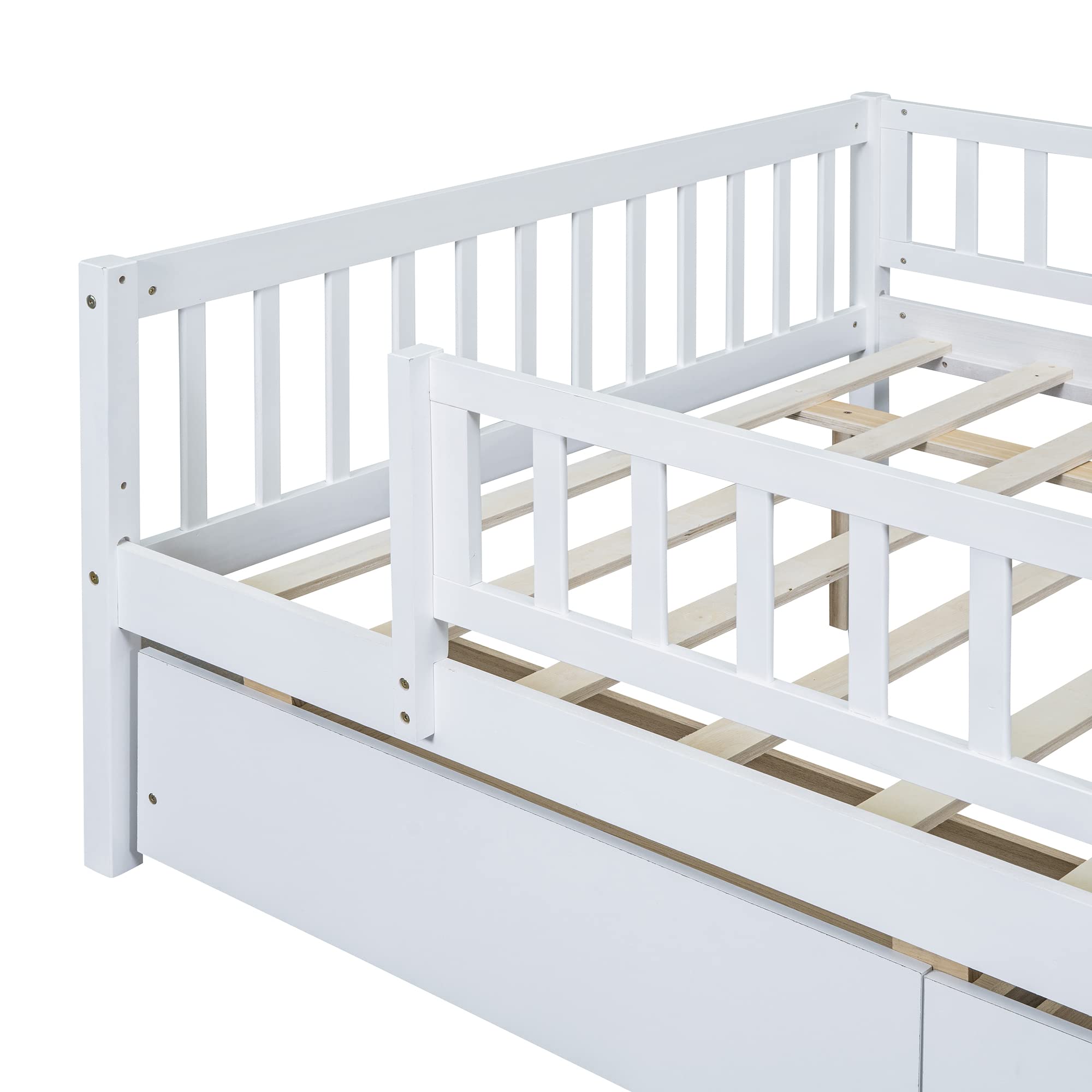 DEINPPA Full Size Wooden Bed Frame with Storage Drawers - Kids Daybed with Slats for Toddlers, Boys & Girls - White | Perfect for Small Bedrooms, Guest Rooms & Kids' Dorm Storage Solutions
