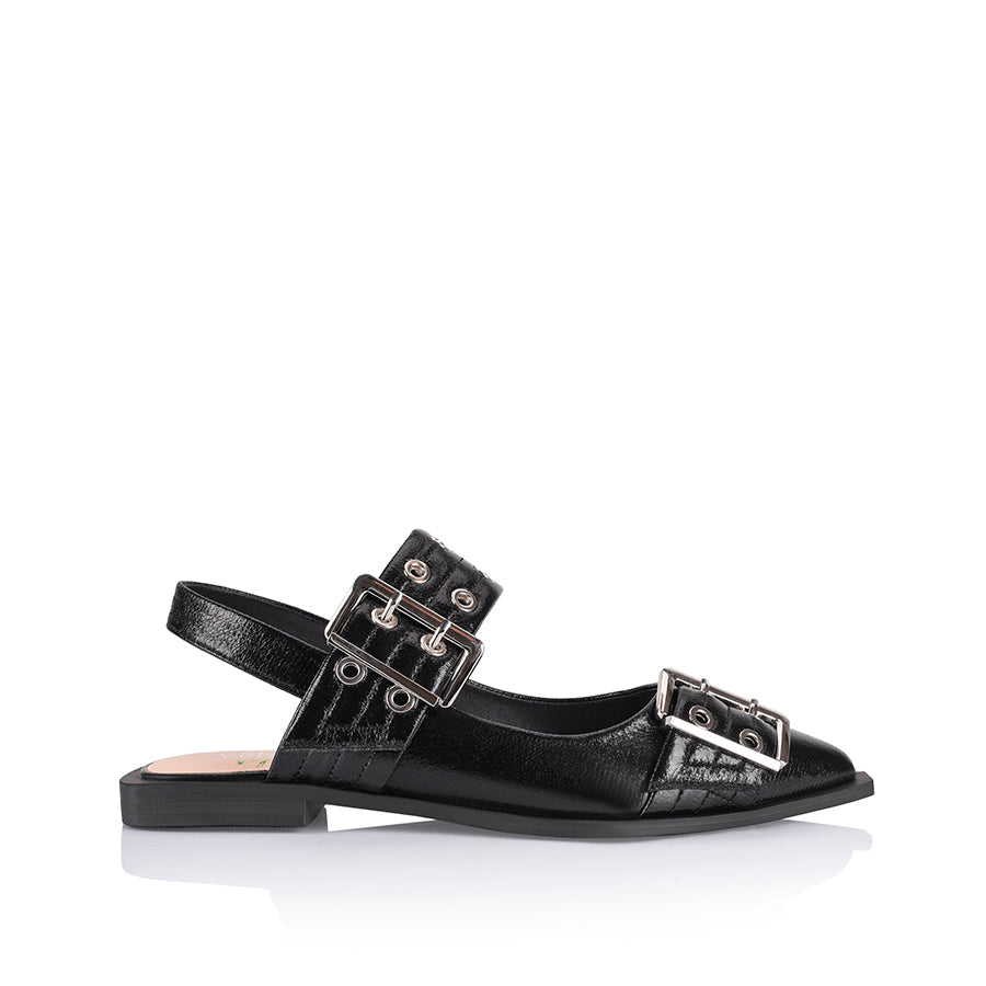 Clea Slingback Buckle Flats - Black Crinkle Leather Comfortable Women's Shoes for Work, Office & Casual Wear
