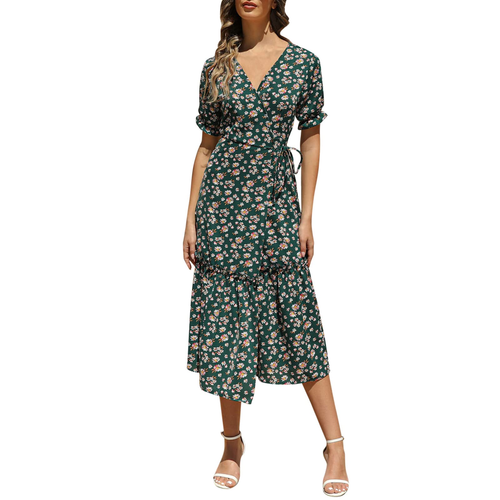 Women's Floral Printed Bohemian V-Neck Casual Dress - Elegant & Sexy A-Line Short Sleeve Ringer Dress for Summer, Beach, Party & Date Night