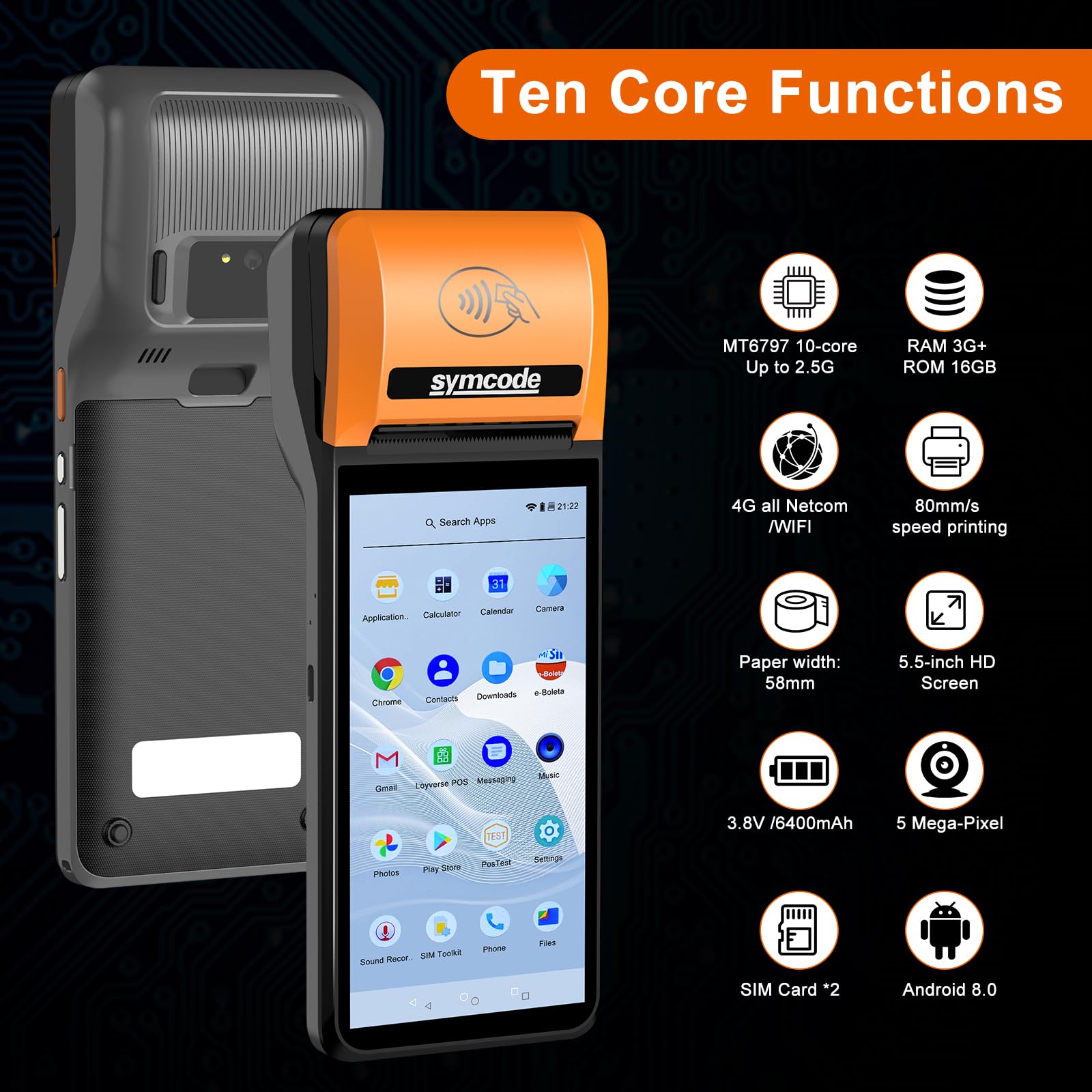 Symcode 58mm High Speed Thermal POS PDA Receipt Printer - Android 12, 5.5