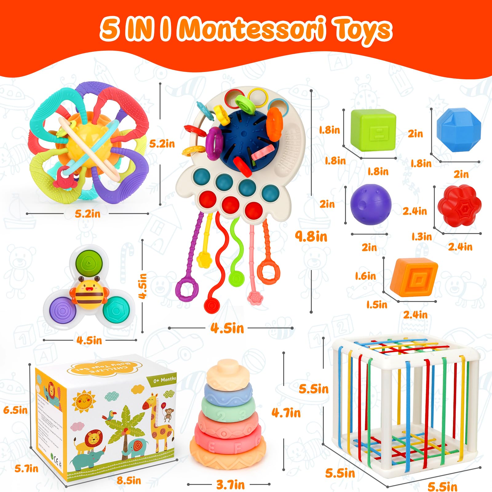 Montessori Baby Toys for 6-12 Months - 5-in-1 Developmental Toy Set with Teething Ring, Stacking Cups, Sensory Shapes & Suction Spinner - Perfect Learning Gift for Infants 6-18 Months | Great for Daycare, Playtime & Early Childhood Education