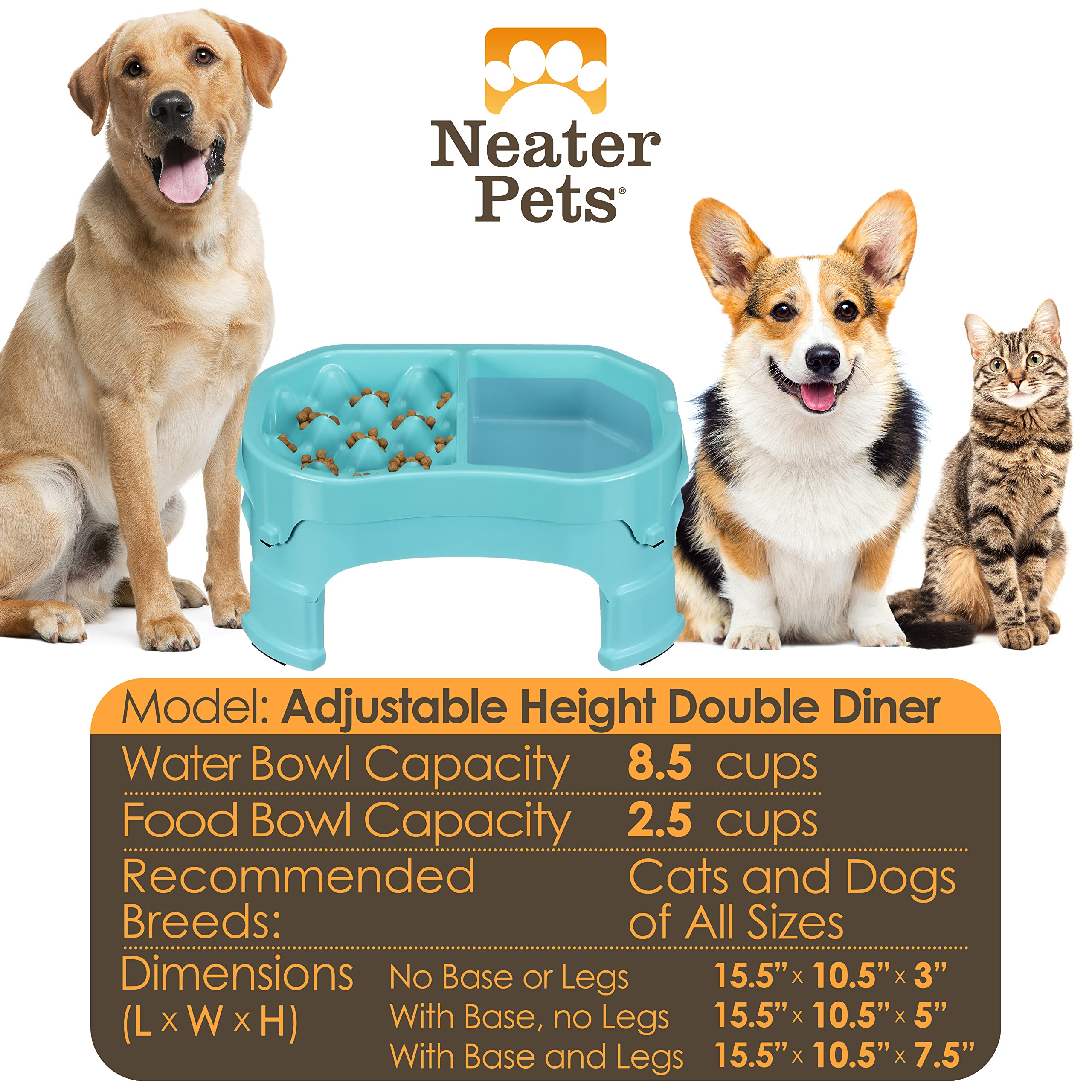 Neater Pet Brands – Adjustable Elevated Slow Feeder Dog Bowl for Small & Large Breeds – Anti-Gulping Raised Dog Food Dish with Non-Slip Base (Double Diner, Aquamarine) – Perfect for Mealtime Portion Control & Digestive Health