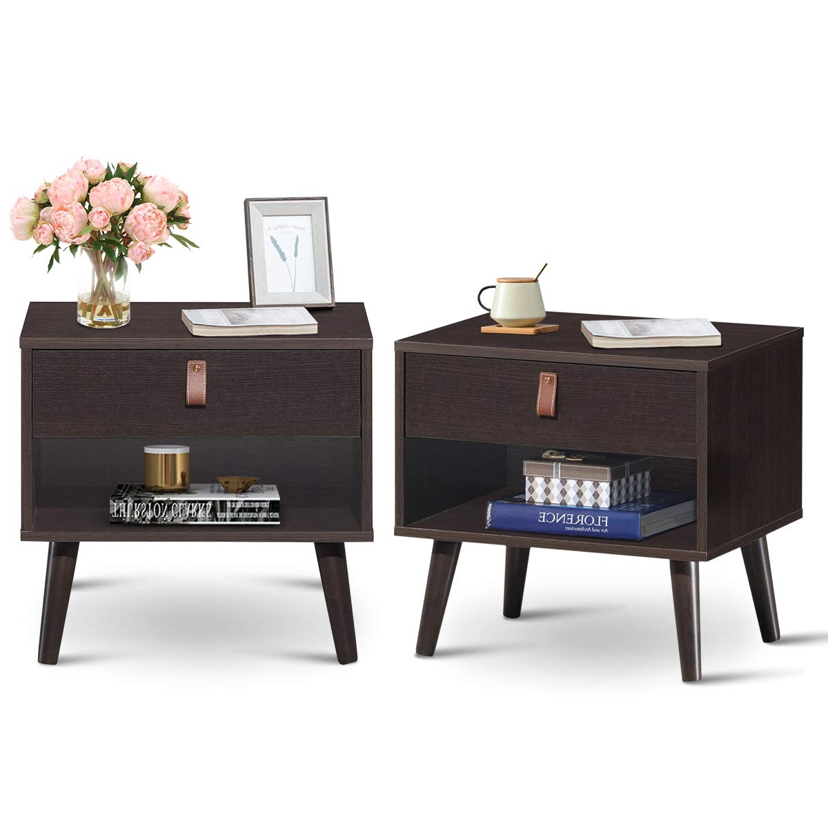 Giantex Mid-Century Wooden Nightstand with Drawer & Shelf - Bedside End Table for Bedroom, Living Room & Sofa Side - Perfect for Storing Books, Lamps & Bedroom Essentials (Set of 2)