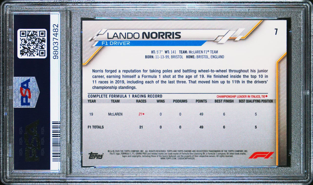 Lando Norris #7 2020 Topps Chrome F1 Rookie Card PSA 9 - 70th Anniversary Orange Edition - Perfect for F1 Collectors and Motorsport Fans