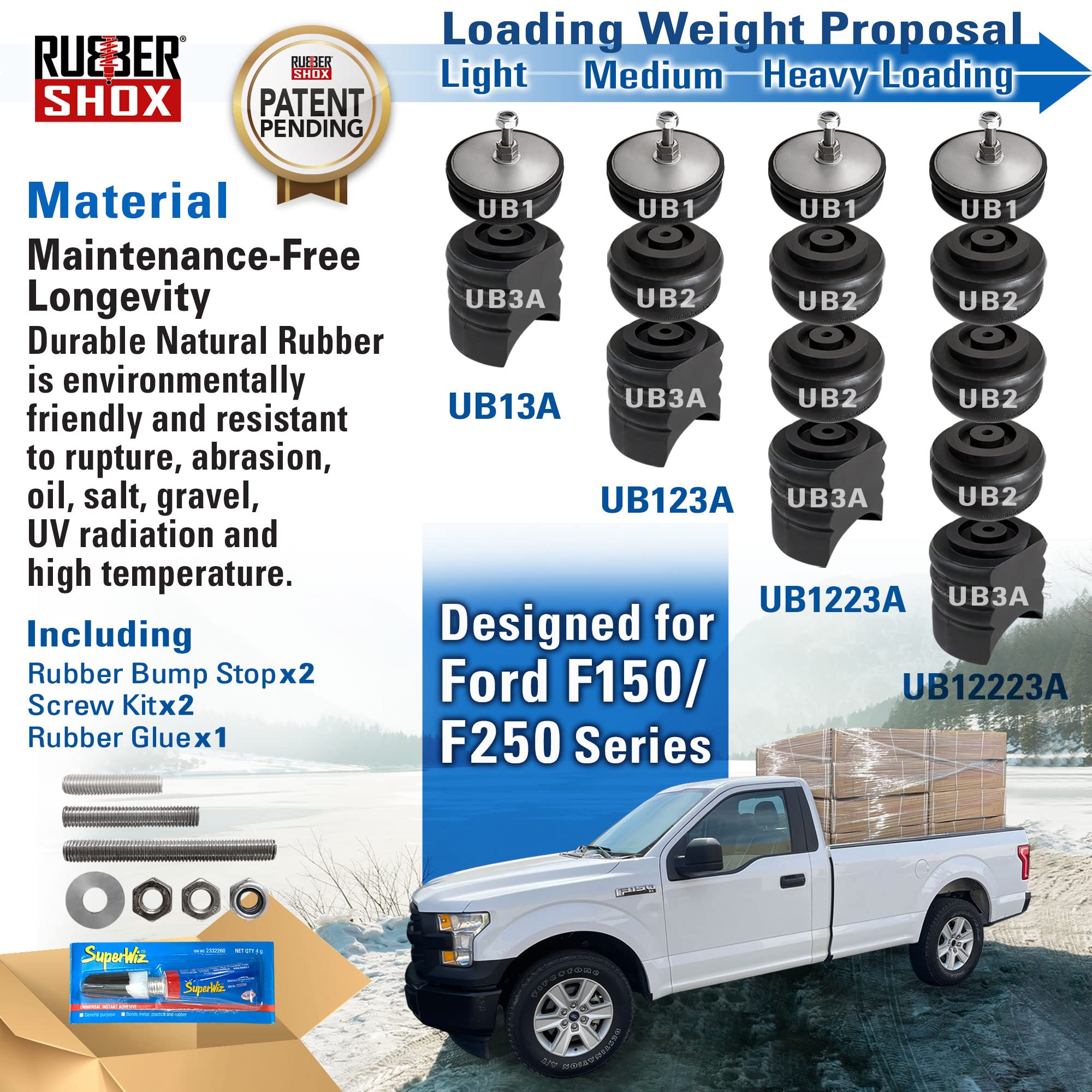 Rubbershox Modular Natural Rubber Front & Rear Bump Stops for Ford F150 F250 Trucks | Heavy Duty Suspension Upgrade Kit | 9000 lbs Load Capacity at 50% Compression (7
