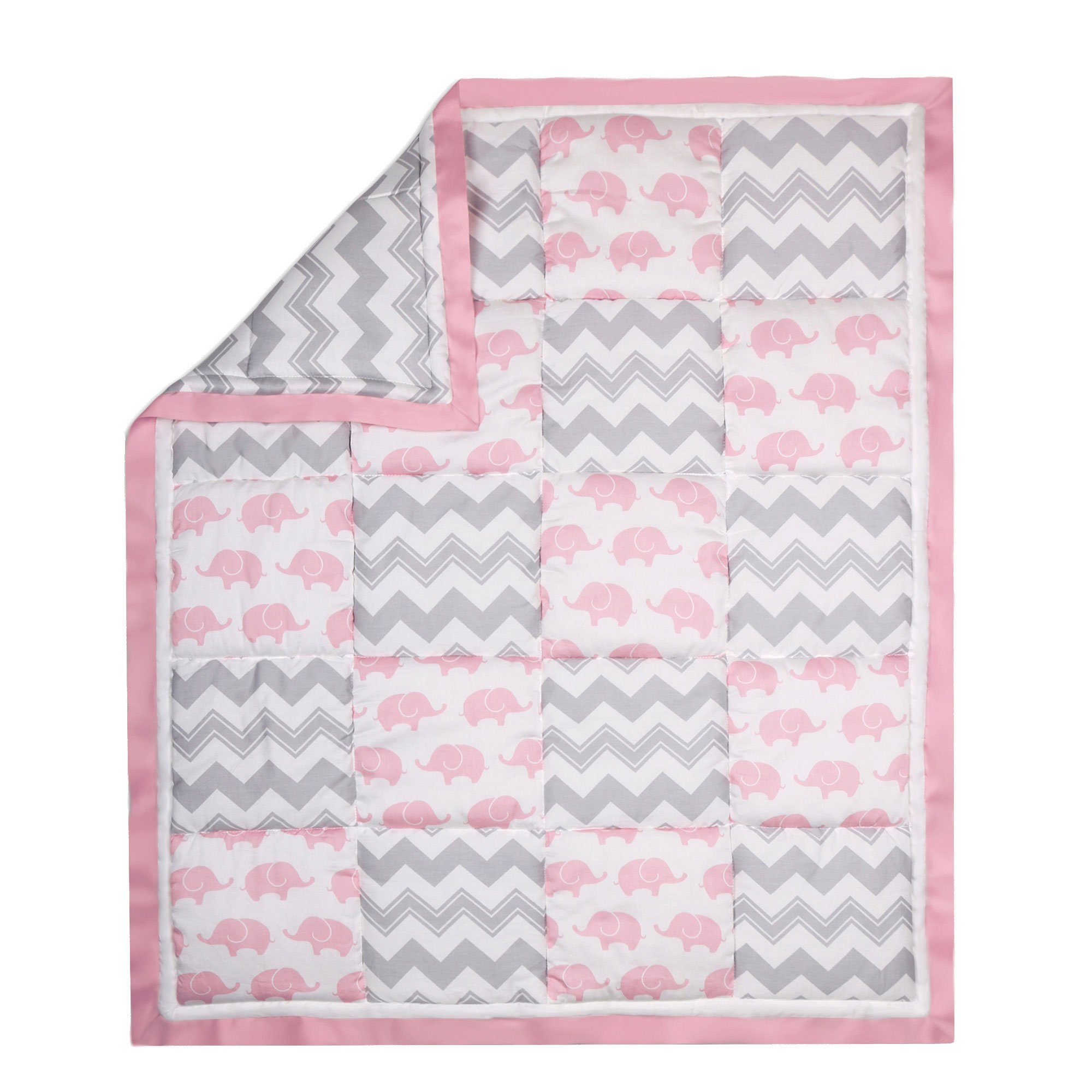 Soft Grey and Pink Elephant & Zig Zag Pattern Crib Quilt by The Peanut Shell - Cozy Nursery Blanket for Baby Boys & Girls