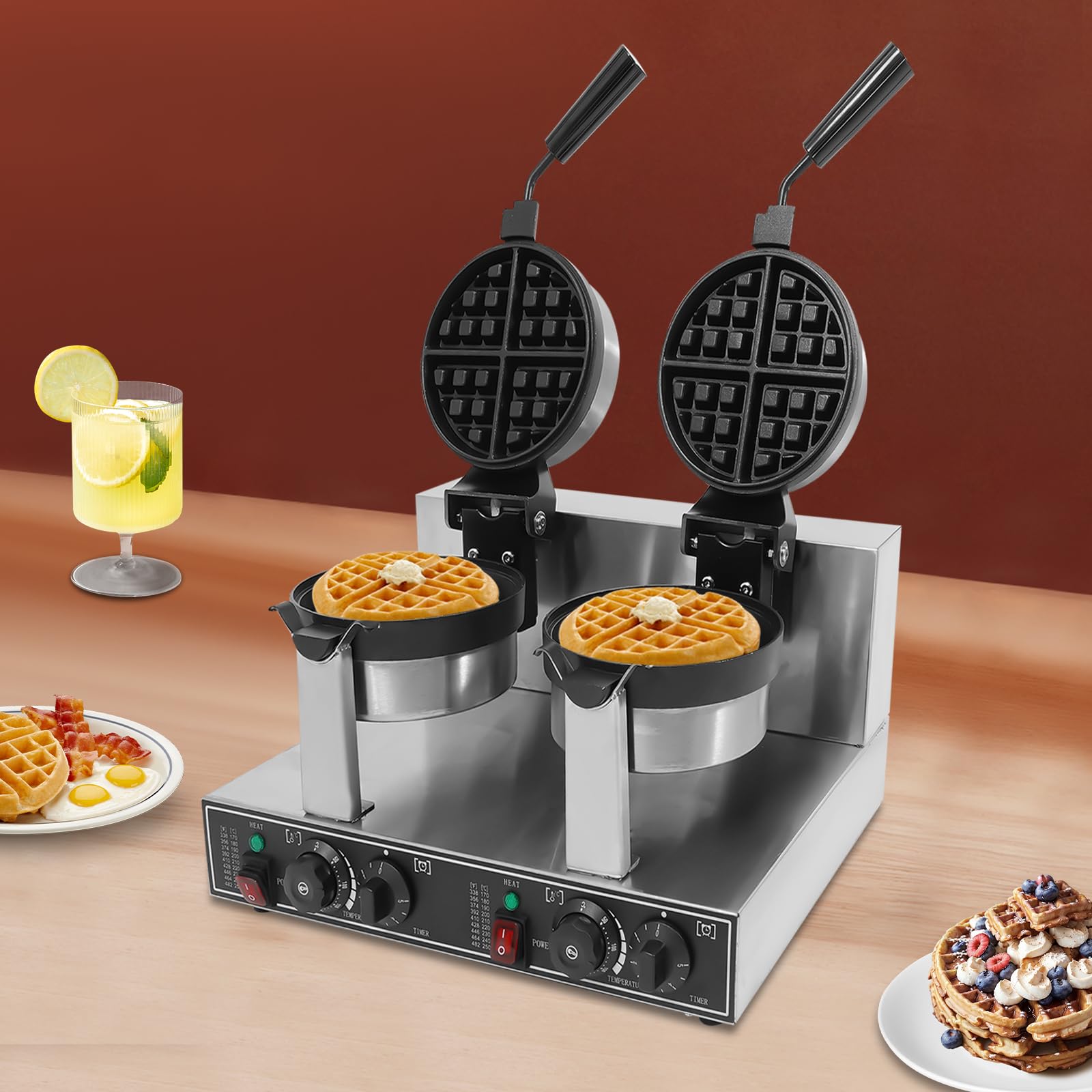 2400W Commercial Dual-head Belgian Waffle Maker - Adjustable Temperature & Timer, Stainless Steel Waffle Iron with Non-Stick Coating - Ideal for Restaurants, Bakeries, Breakfast Buffets, Cafes, and Home Kitchen Use