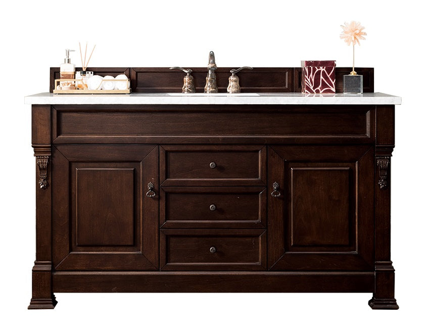 Brookfield 60 Inch Single Bathroom Vanity with Burnished Mahogany Finish & 3CM Carrara Marble Top - Perfect for Modern Master Bathrooms and Guest Bath Remodels