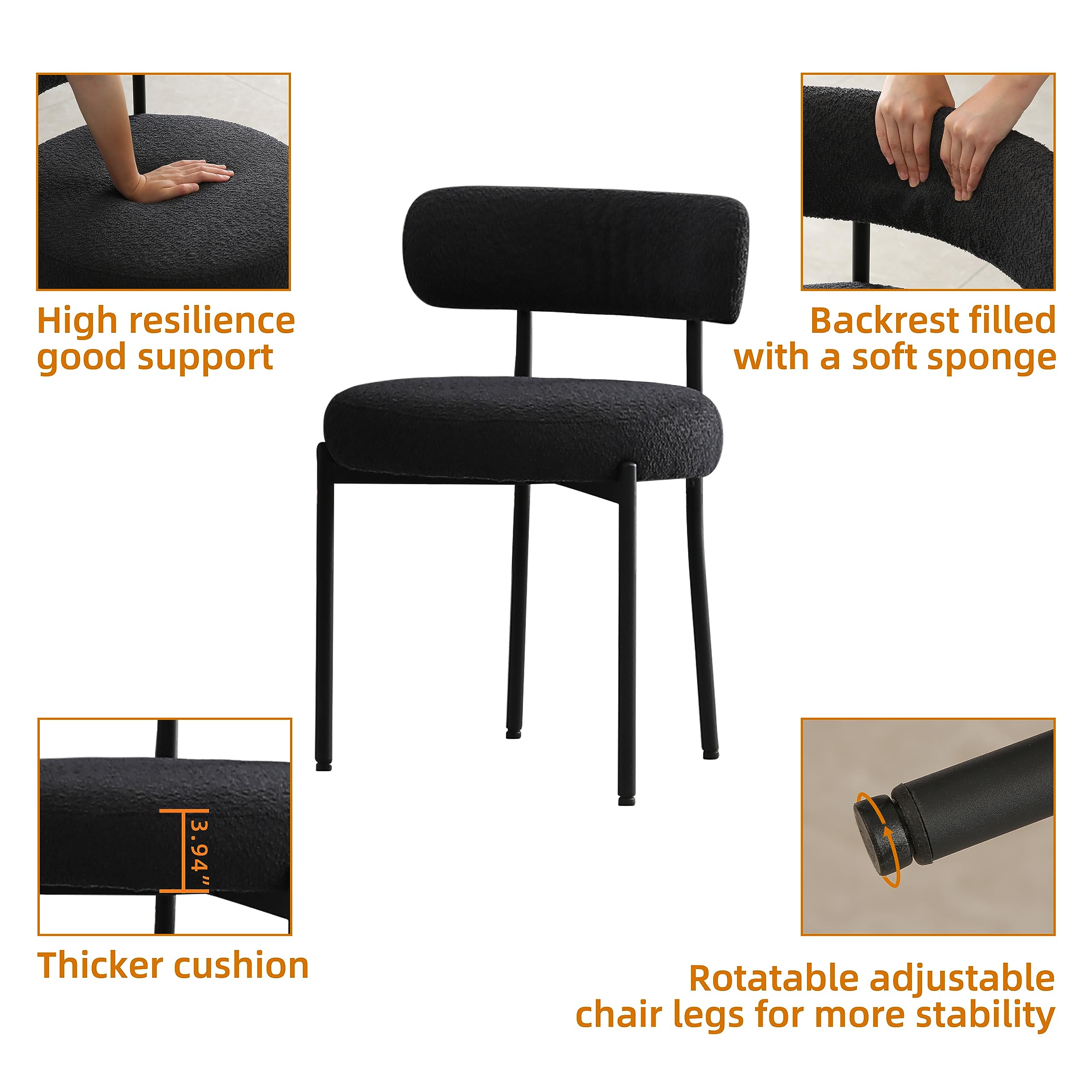 DYHOME Black Boucle Dining Chairs Set of 4 - Modern Upholstered Kitchen & Dining Room Chairs with Thick Cushions & Sturdy Metal Legs - Perfect for Kitchen, Living Room, Breakfast Nook & Small Space Dining