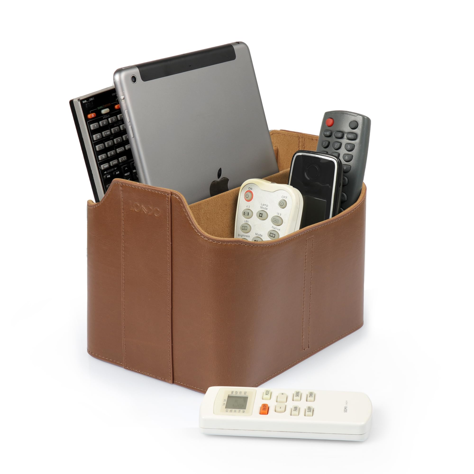 Premium PU Leather Remote Control Holder & Desk Organizer - Large Capacity with 5 Compartments, Tablet Slot & Makeup Brush Storage | Perfect for Home Office, Living Room & Bedroom Organization