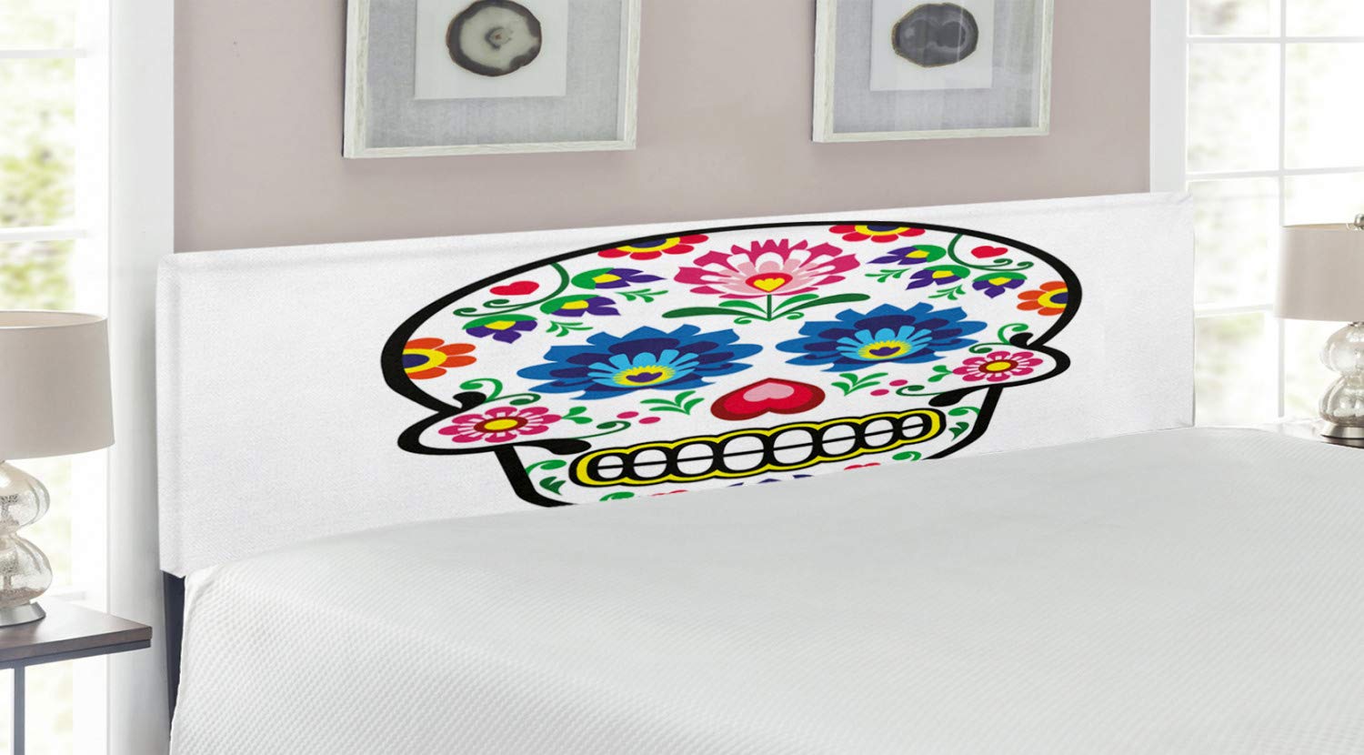 Ambesonne Sugar Skull King Size Headboard - Mexican Folk Art Inspired Upholstered Metal Bed Frame with Memory Foam | Colorful Bohemian Decor for Bedroom, Guest Room & Dorm | Day of the Dead Theme Home Decor