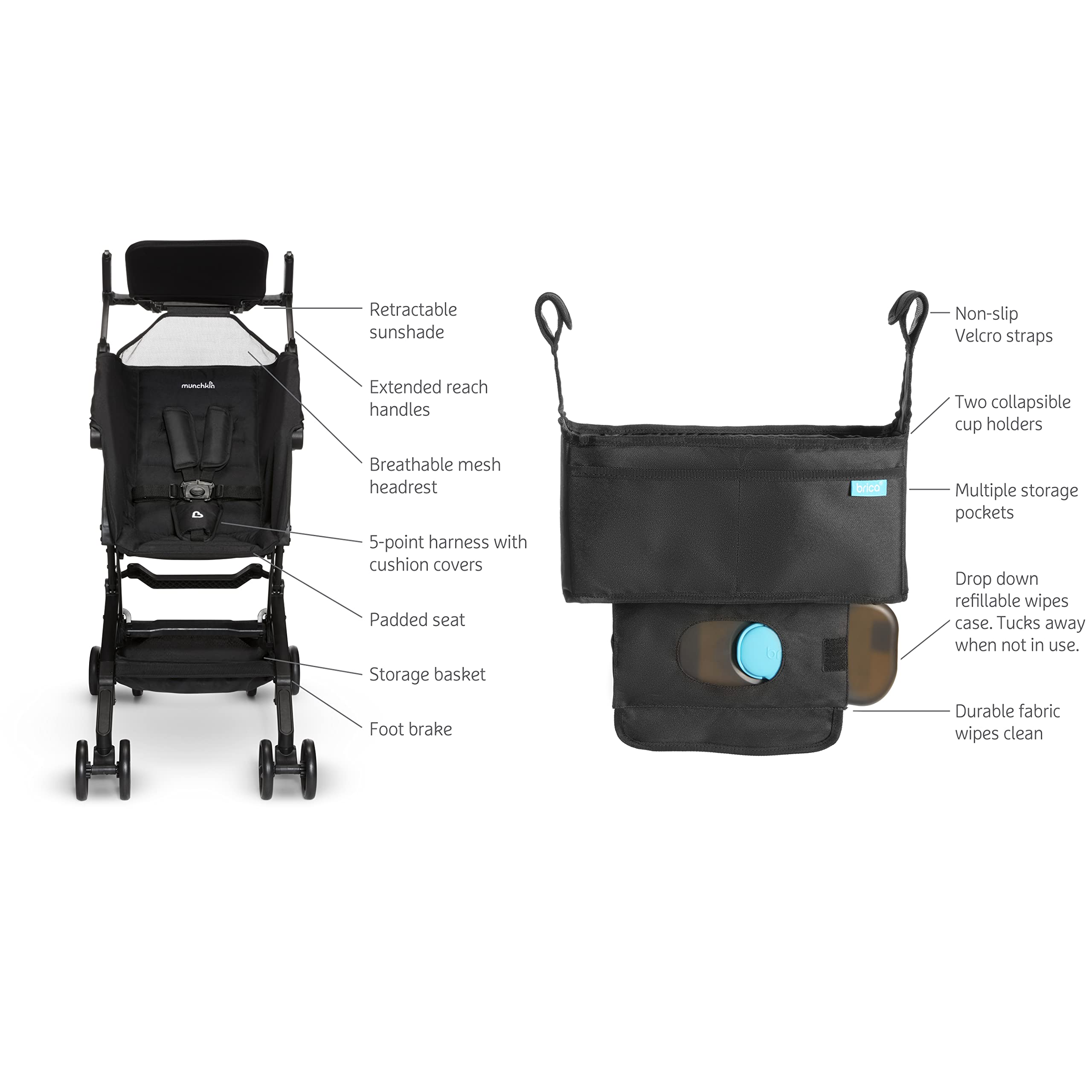 Munchkin Sparrow Ultra Compact Lightweight Travel Stroller for Babies & Toddlers with Organizer Bag - Black | Perfect for Air Travel, Shopping & Daily Outings