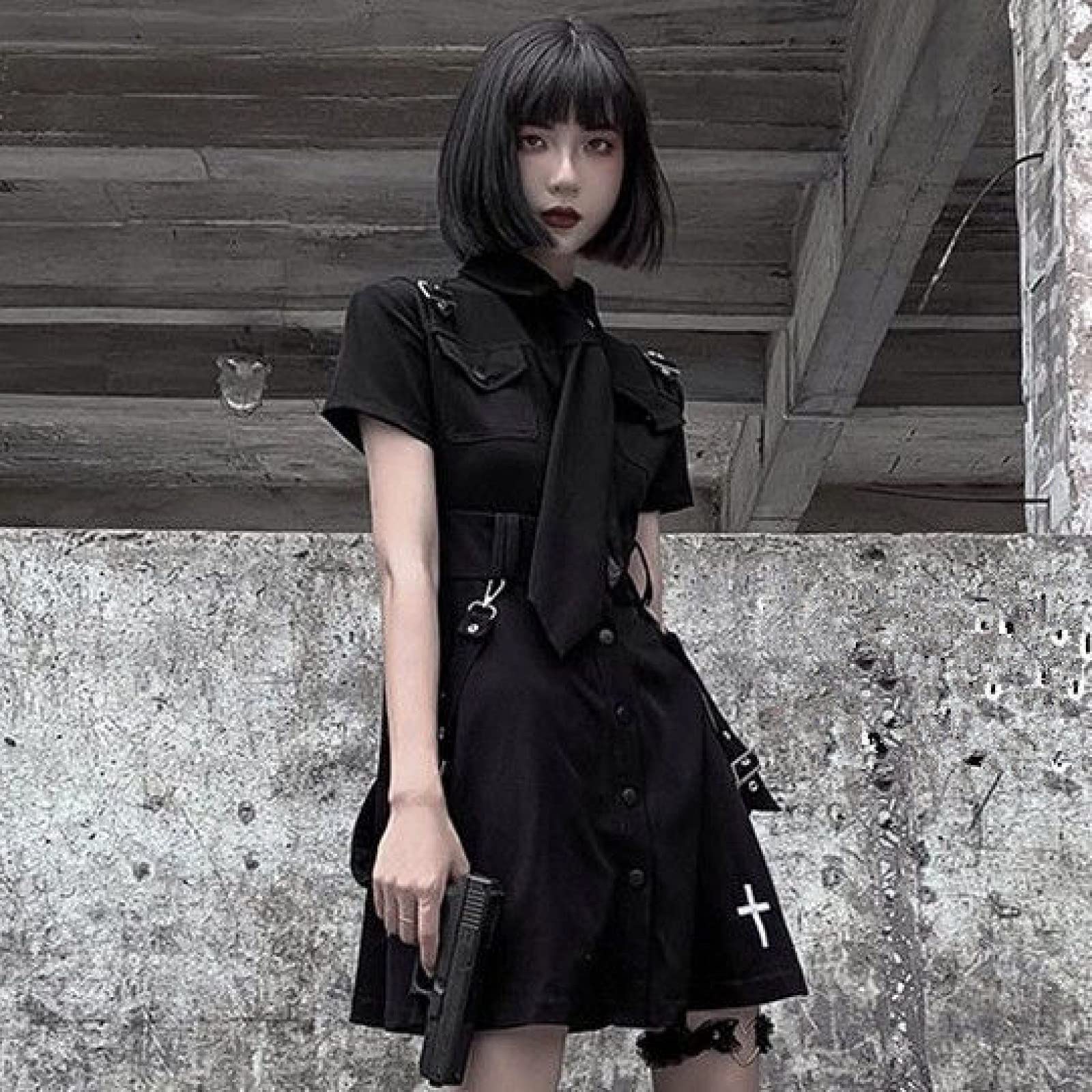 Gothic Punk Mini Dress for Women - Black Short Sleeve Harajuku Style Emo Shirt | Perfect for Summer Concerts, Mall Goth Fashion & Alternative Night Outfits