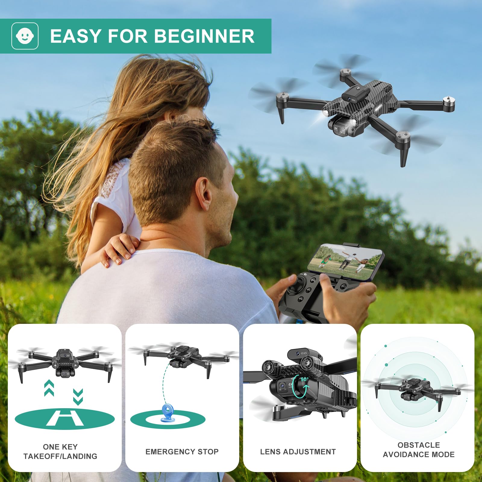 **4K HD Drone with Headless Mode & GPS for Kids - Emergency Stop, 360° Flips, One Key Start, Includes 2 Batteries & Carrying Case - Perfect Wireless Toy for Boys and Girls - Great for Outdoor Adventures, Birthday Gifts, and Aerial Photography**