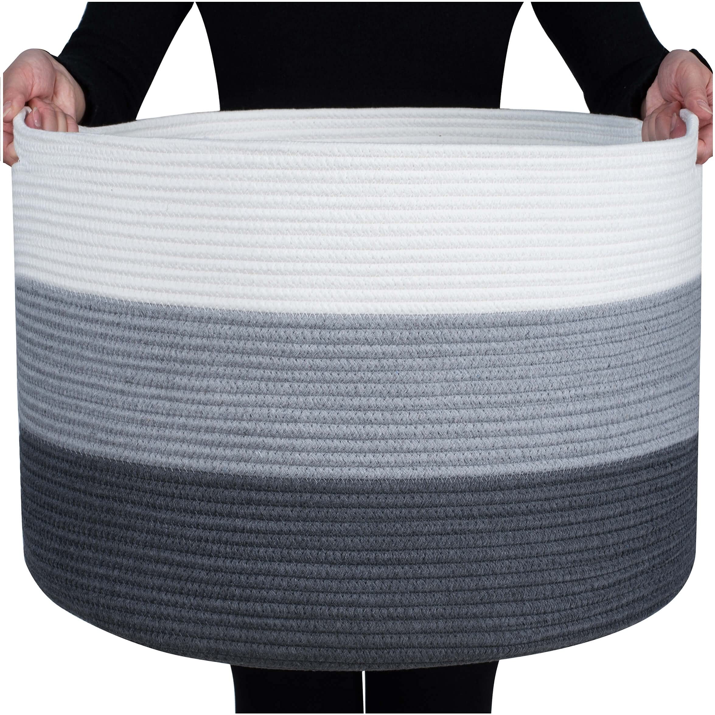 MINTWOOD Extra Large 22x14 Inch Woven Cotton Rope Storage Basket - Dark Gray 3-Tone Decorative Bin for Laundry, Blankets, Dog Toys & Towels | Perfect for Bedroom, Bathroom & Nursery Organization