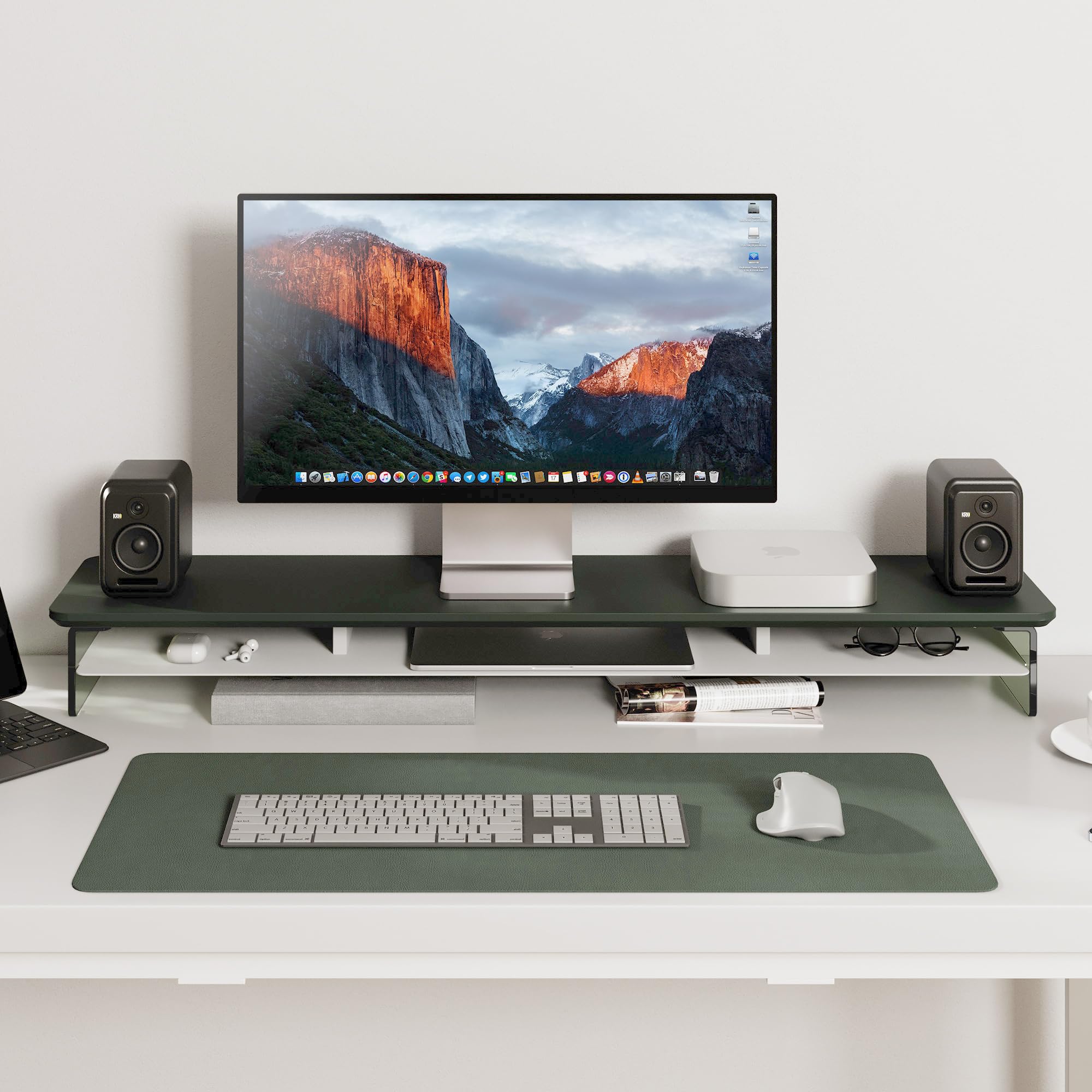 FENGE 2-Tier Acrylic Dual Monitor Stand Riser - 42.5 Inch Wide Computer Monitor Shelf with Storage Organizer for Home Office Desk - Compatible with Laptop, PC, TV (Green) - Perfect for Workspace Organization & Multi-Screen Setup