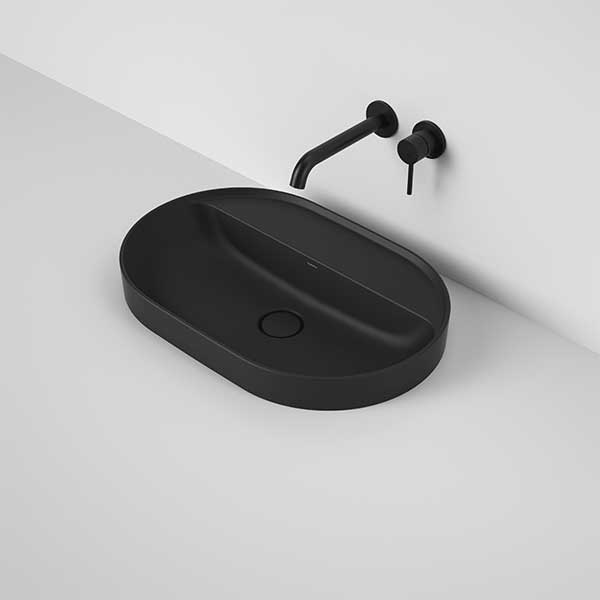 Caroma Liano II 600mm Modern Pill Inset Basin with Tap Landing (0 Tap Hole) - Matte Black Bathroom Sink for Contemporary Vanity & Powder Room