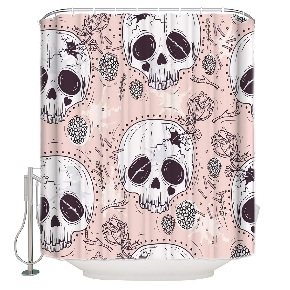 Waterproof Pink Skull Flowers Shower Curtain Set with Hooks - 36x72 Inch Bathroom Decor for Bathtub & Shower - Perfect for Gothic, Boho or Vintage Style Bathroom Decorations
