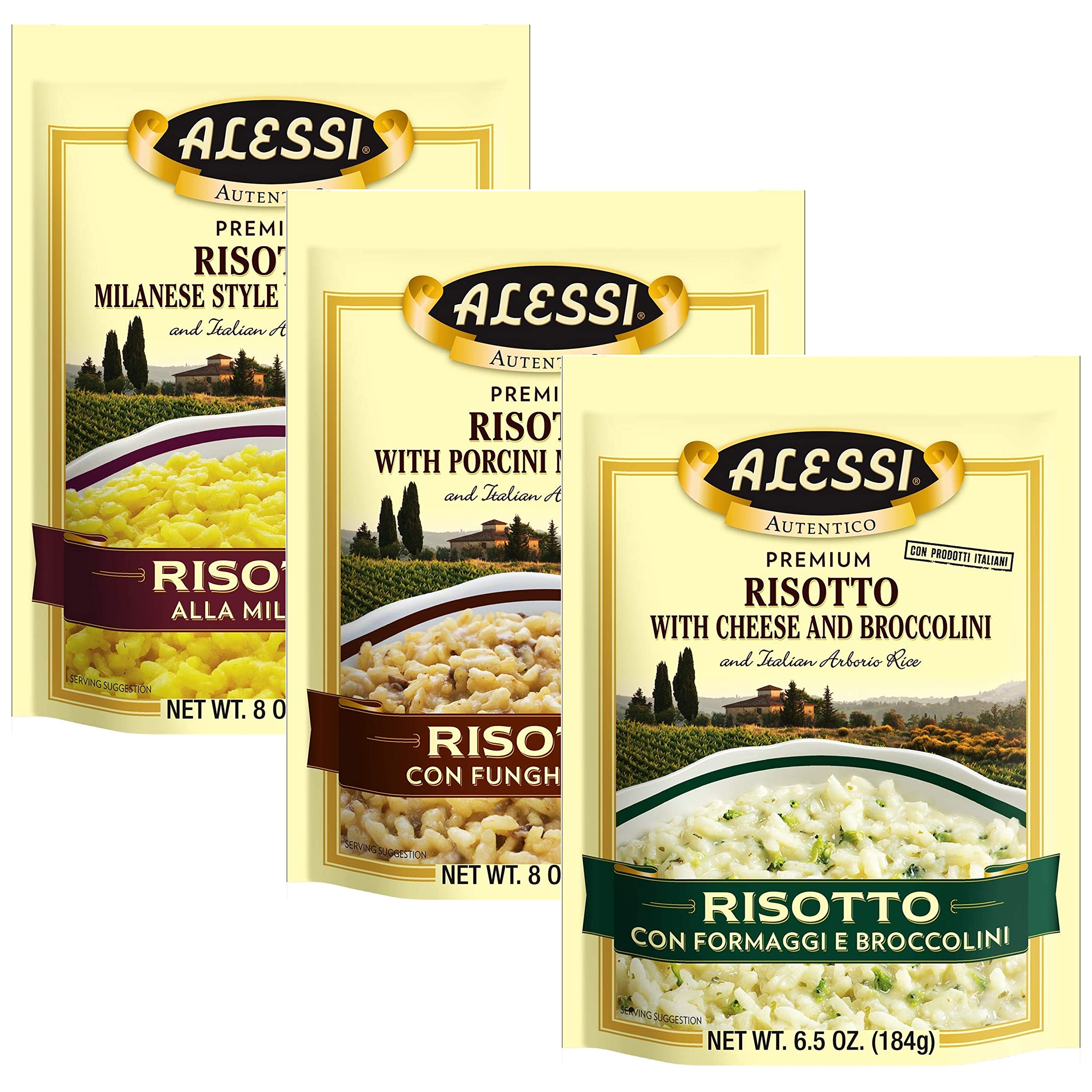 Authentic Alessi Premium Seasoned Risotto - Italian Arborio Rice - Easy to Prepare - 8oz Variety Pack (3-Pack) - Perfect for Gourmet Dinners & Italian Cuisine