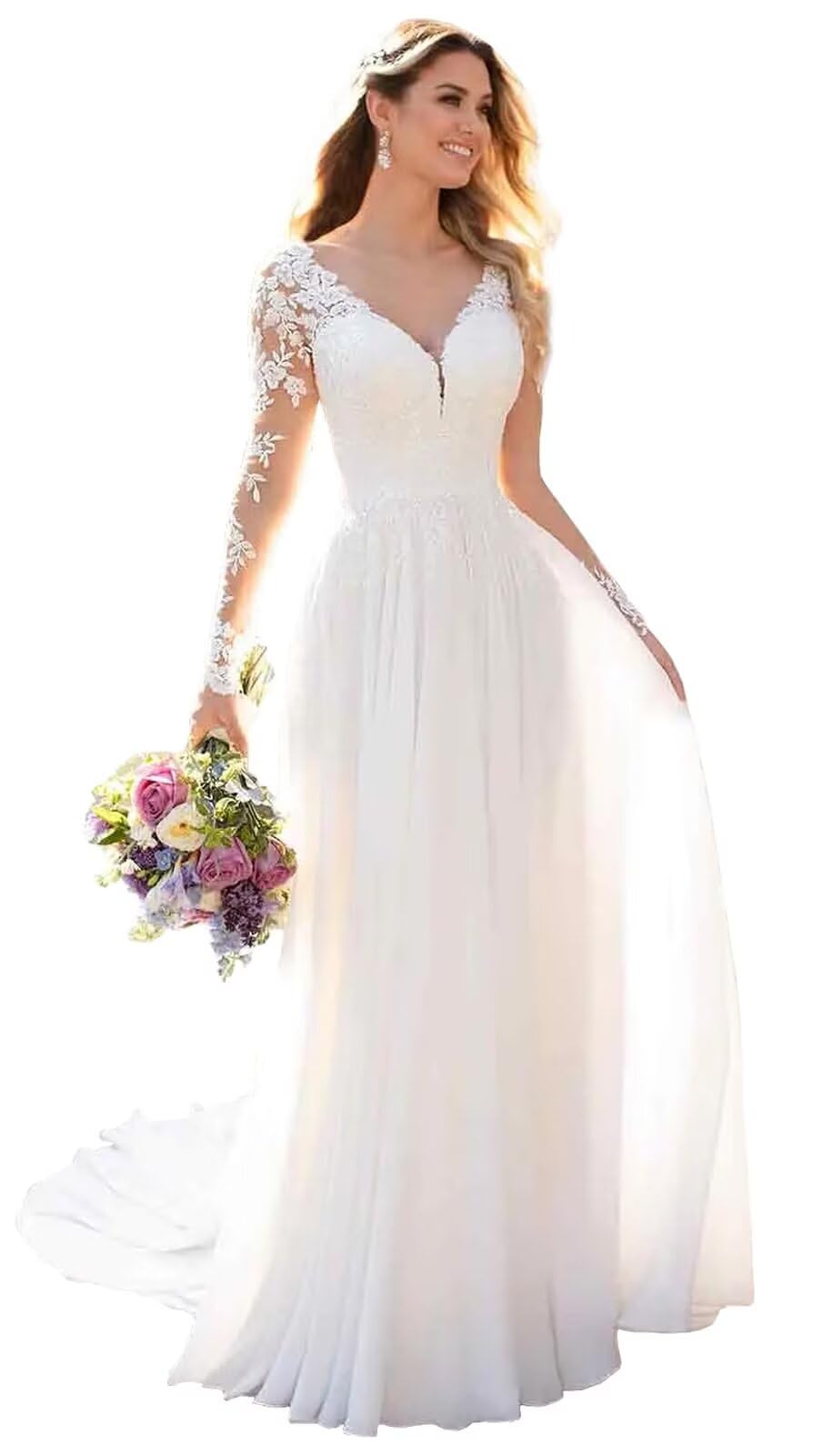 Clothfun Women's Elegant V-Neck Lace Beach Wedding Dress 2025 - Long Sleeve Chiffon Bridal Gown for Bride | Perfect for Beach Weddings, Destination Elopements & Romantic Photoshoots