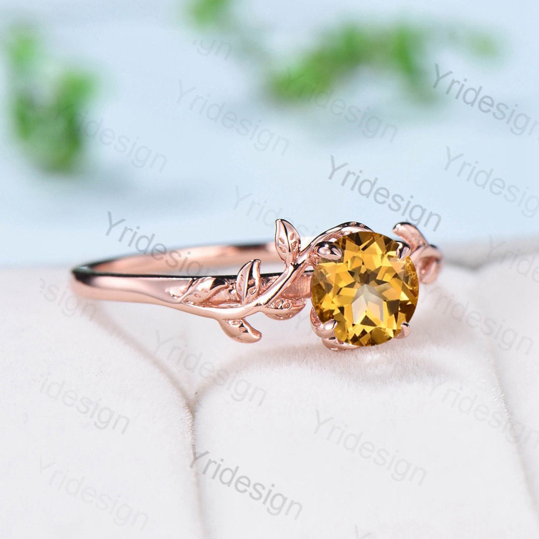 Vintage Twig Citrine Engagement Ring in Rose Gold - Elegant Natural Inspired Leaf Branch Wedding Ring for Women - Perfect Proposal Gift & Boho Jewelry for Special Occasions