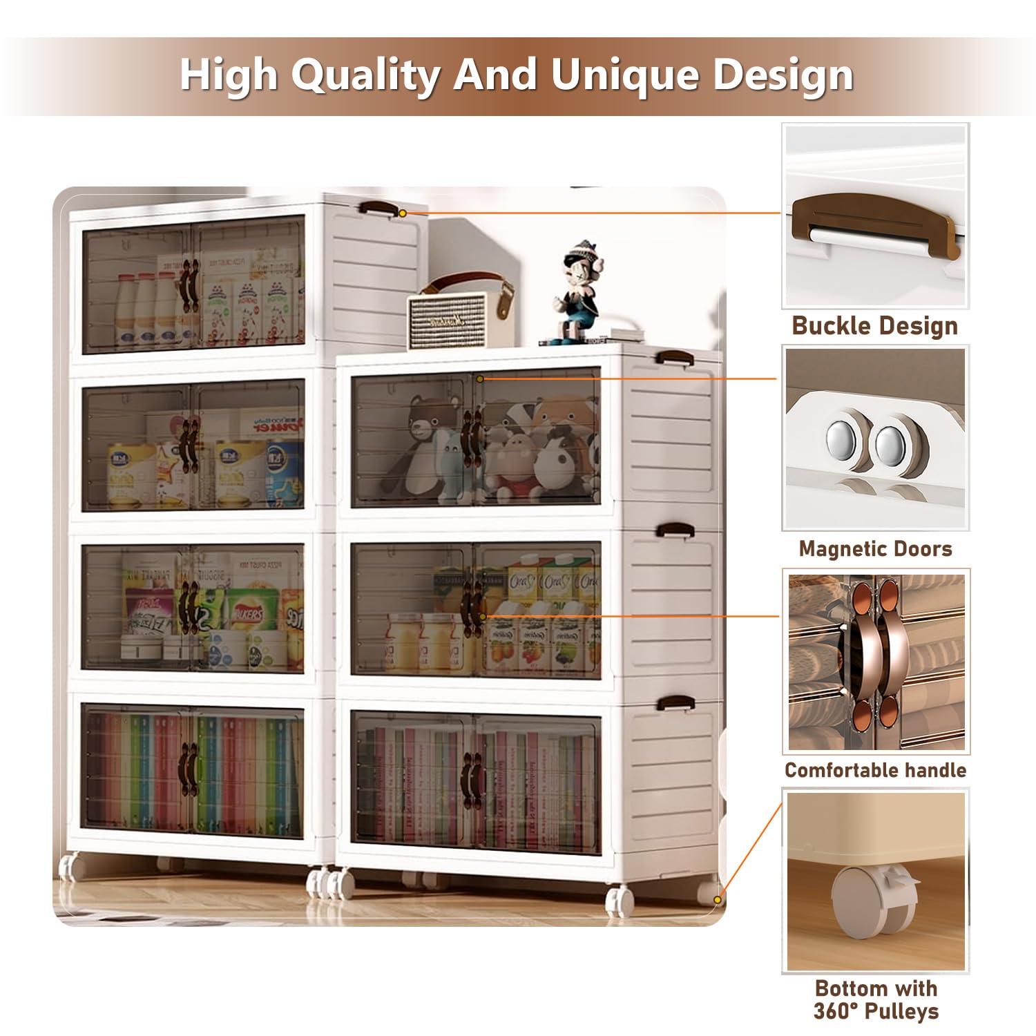 220Qt Stackable Storage Bins with Lids & Wheels - Collapsible Closet Organizer with Magnetic Suction Door - 4-Tier Plastic Storage Containers for Bedroom, Home Organization - Perfect for Seasonal Clothes, Toys & Household Items Storage