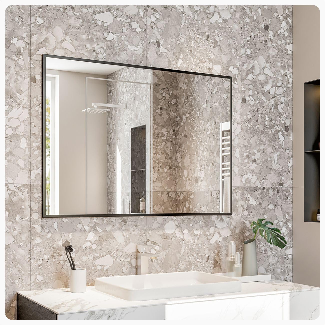 Eviva 42x30 Inch Black Framed Bathroom Mirror - Modern Aluminum Metal Frame Rectangle Glass Wall Mirror for Bathroom, Bedroom, Living Room & Entryway - Shatterproof & Easy to Install