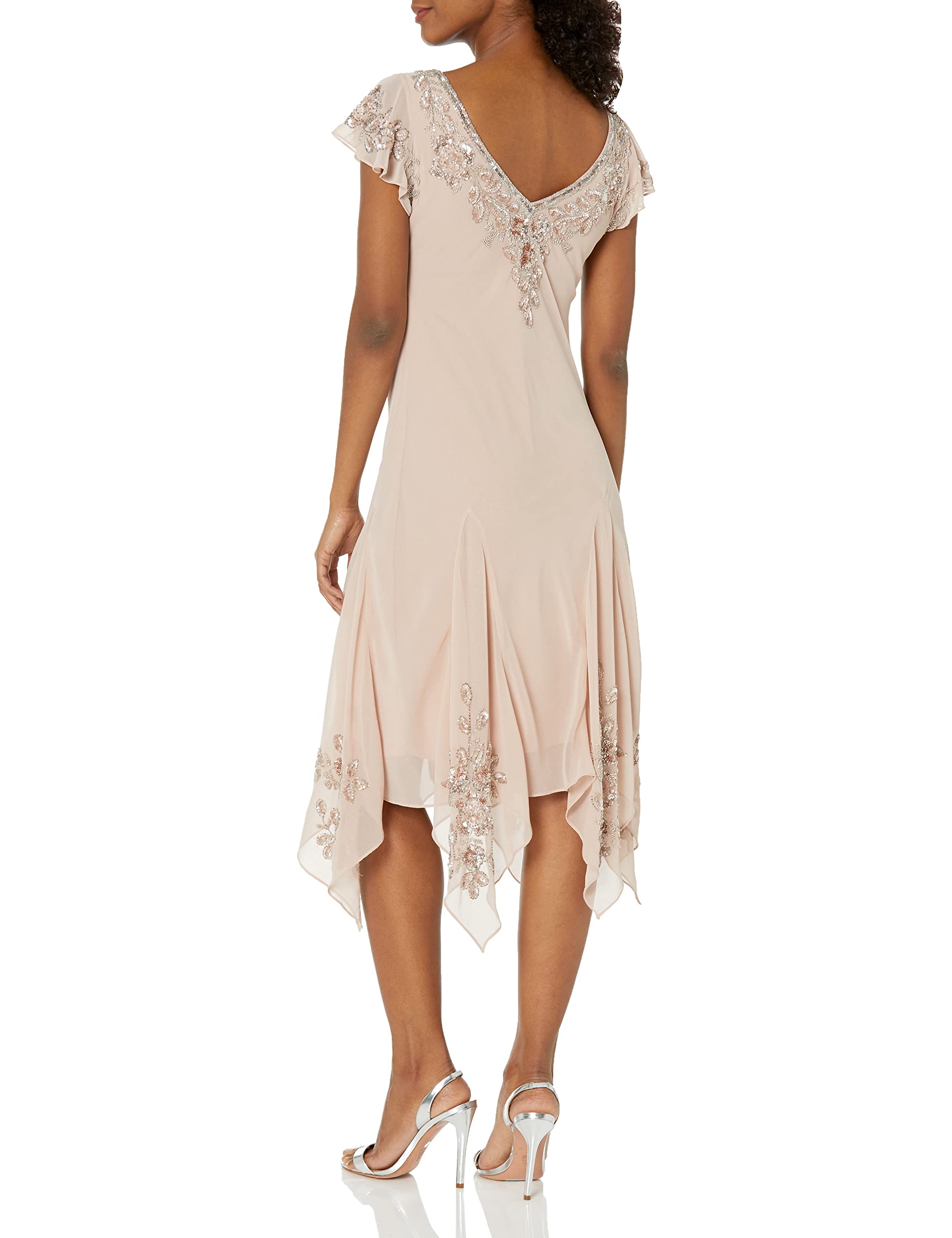 J Kara Women's Plus Size Petite Flutter Sleeve Hanky Hem Short Cocktail Beaded Dress - Elegant Party Wear for Weddings, Evening Events & Special Occasions