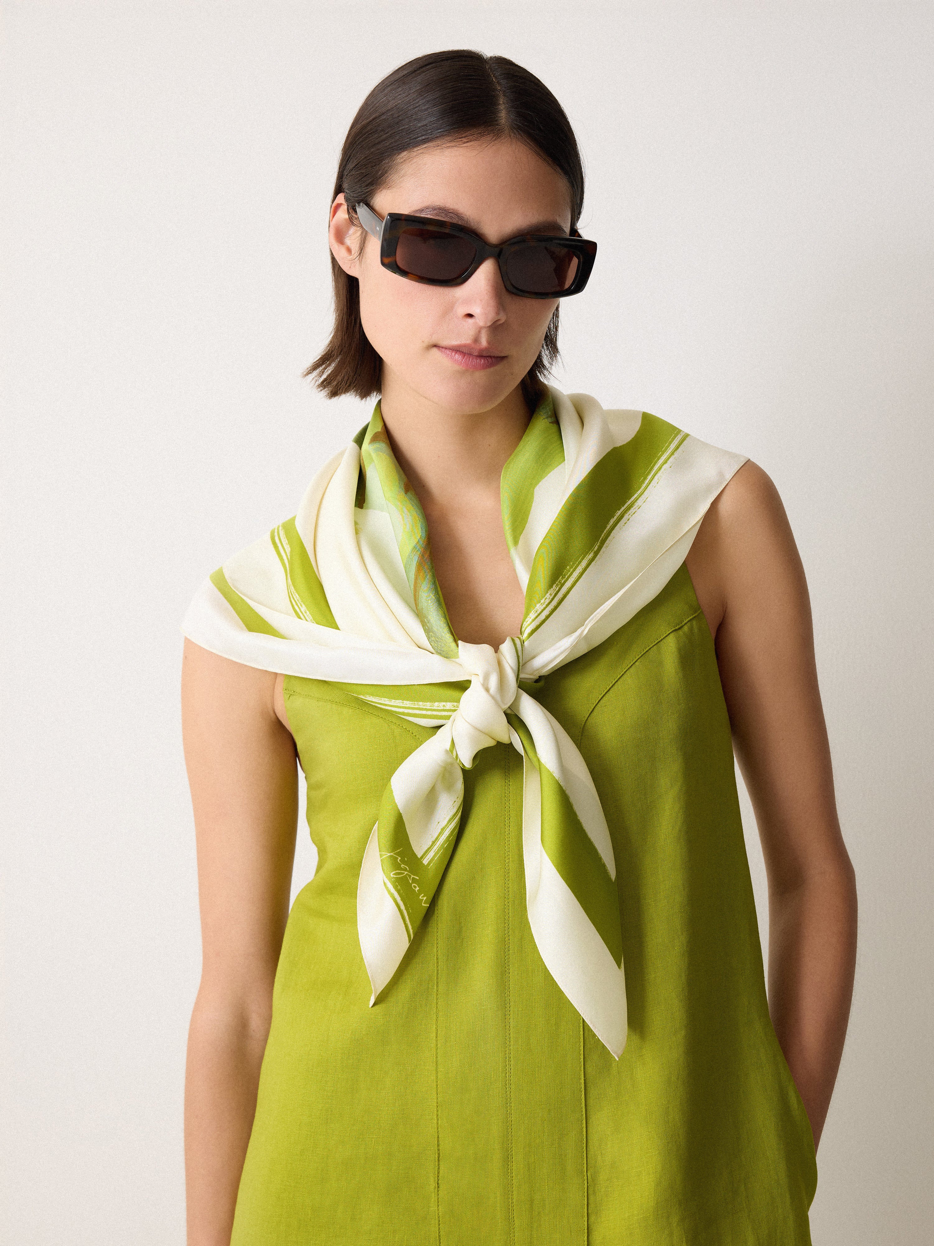 Painted Lily Silk Twill Scarf - Elegant Green Fashion Accessory for Women | Perfect for Office, Party & Special Occasions