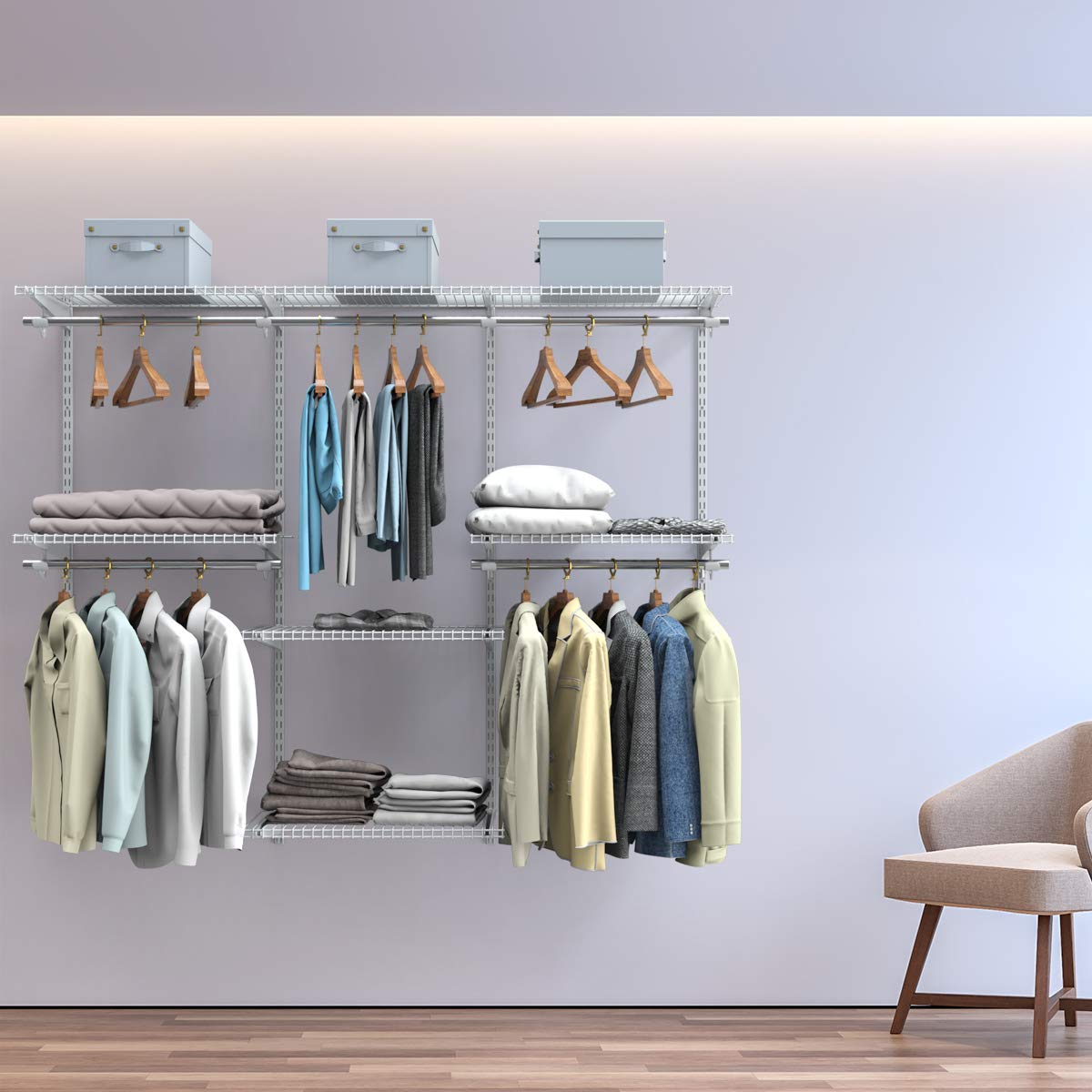 Moccha Adjustable Wall Mounted Closet Organizer System - White Metal Hanging Storage Rack with Shelves & Rod for Bedroom Wardrobe Organization | Perfect for Small Spaces, Walk-in Closets & Apartment Storage Solutions