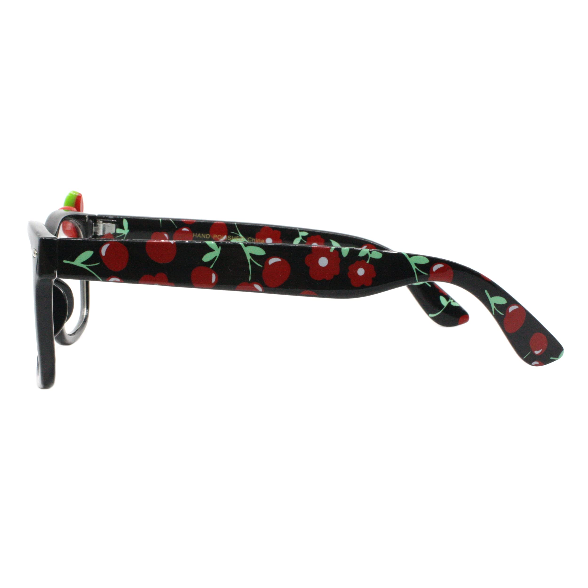 PASTL Cherry Embellished Clear Lens Glasses - Black Square Frame UV 400 Protection - Stylish Reading & Fashion Eyewear for Women