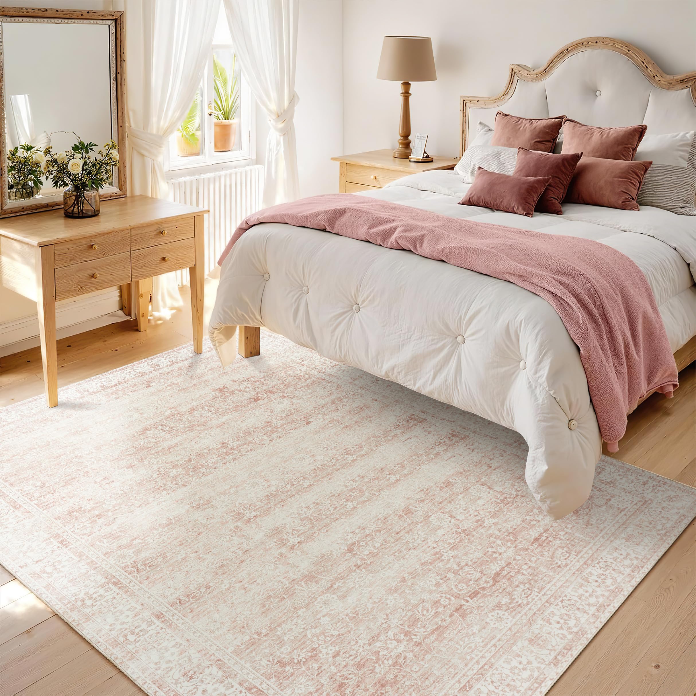 BILEEHOME 5x8 Washable Soft Faux Wool Nursery Rug - Neutral Blush Pink Boho Floral Baby Girl Rug for Living Room, Bedroom & Nursery | Perfect for Playtime, Nursery Decor & Cozy Home Accents
