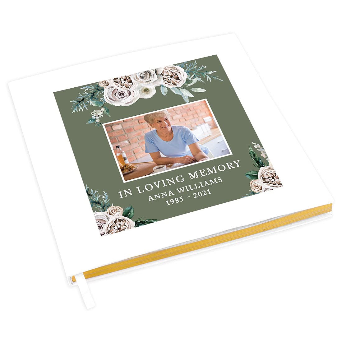 Andaz Press Personalized Memorial Guest Book with Gold Foil Accents - Ivory Peonies Design, 120 Pages, 8.5