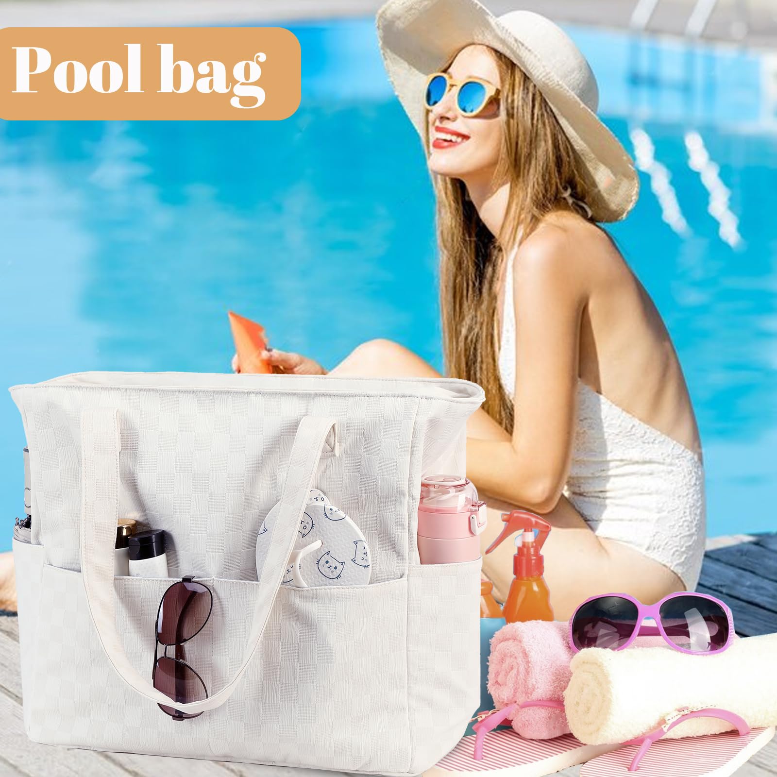 Waterproof & Sandproof Beach Tote Bag for Women - Large Zippered Pool Bag with Wet Pocket - Perfect for Gym, Grocery Shopping, Travel & Beach Outings