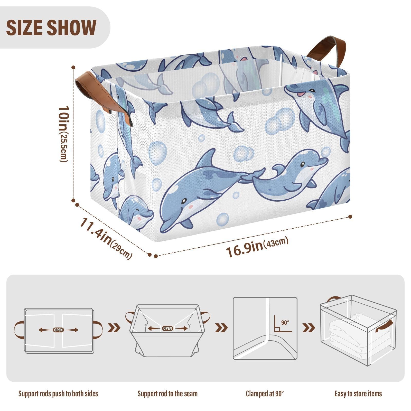Dolphin Blue Foldable Storage Baskets - 2 Pack Rectangular Canvas Fabric Storage Bins with Handles for Shelves | Sea Animal Themed Decorative Organizer for Bedroom, Bathroom & Kids Room