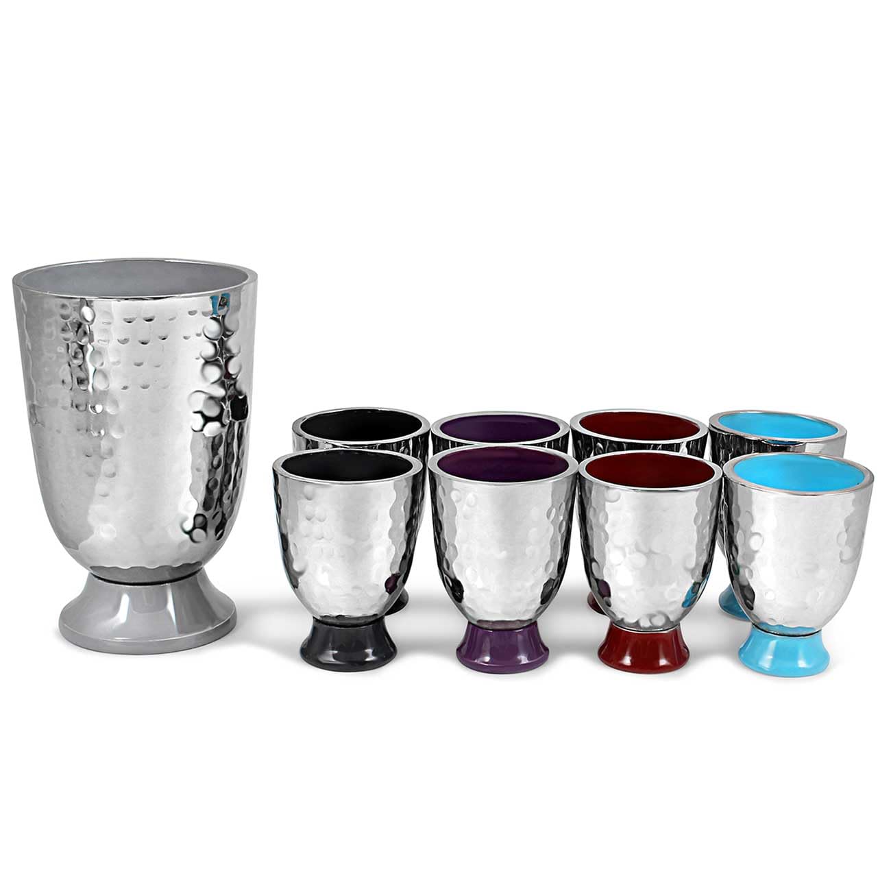 Elegant Hammered Metal Kiddush Cup Wine Fountain Set with Enamel Detailing - Large Goblet & 8 Shot Cups for Jewish Holidays - Perfect for Shabbat, Passover, Seder, Yom Tov & Wedding Gifts by Zion Judaica (Multi Color) - Ideal for Jewish Ceremonies, Holiday Celebrations & Special Occasions