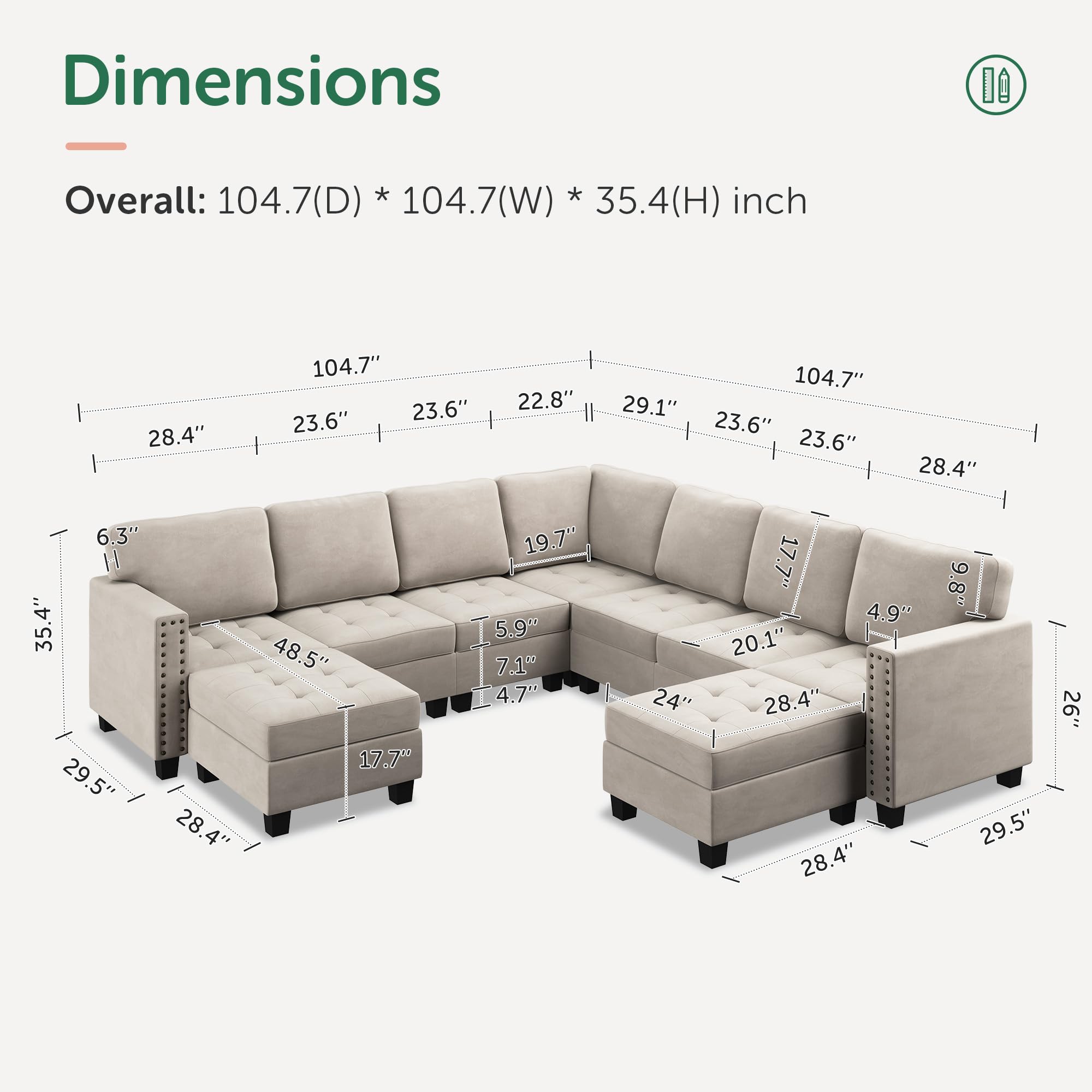HONBAY Velvet Convertible U-Shaped Sectional Sofa with Chaise & Storage Ottoman - Modular Corner Couch for Living Room, Bedroom, Apartment (Beige) | Modern Comfort for Family Gatherings & Movie Nights