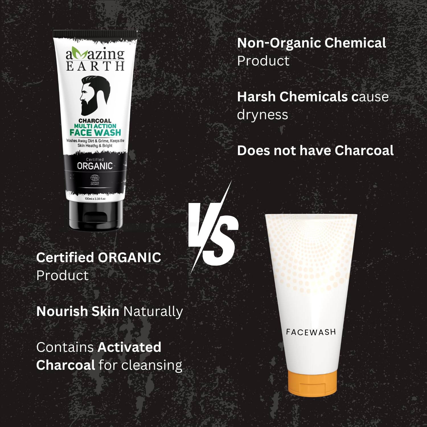 AMAzing EARTH Certified Organic Activated Charcoal Face Wash for Men - 100% Natural with Neem, Orange, Rice, Grapeseed & Sandalwood Extracts - Oil Control, Pollution Protection, Sulfate & Paraben Free, Cruelty Free (100ml) - Deep Cleansing for Acne-Prone & Oily Skin - Perfect for Daily Skincare Routine & Post-Workout Refreshment