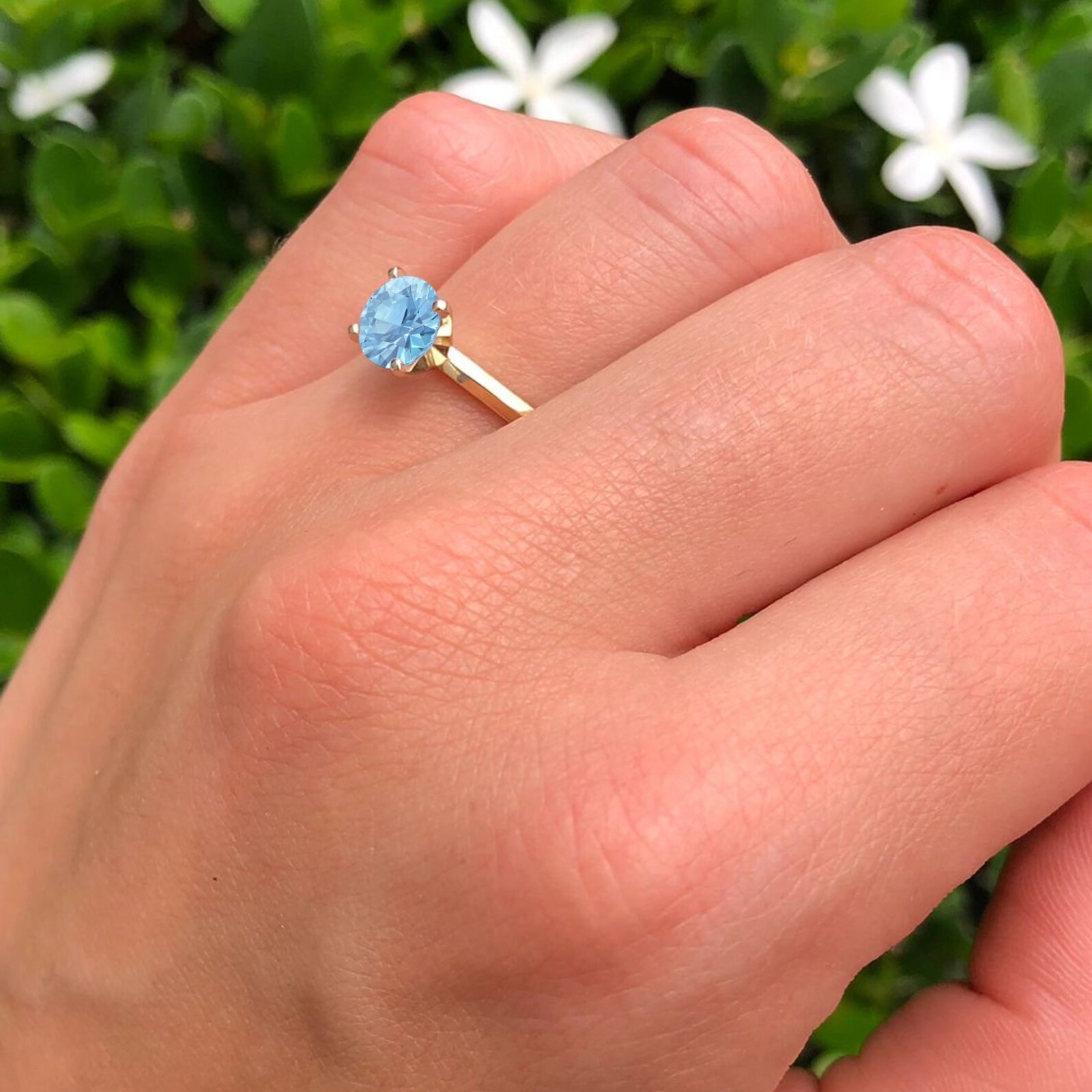 14K Yellow Gold Minimalist Round Solitaire Natural Aquamarine Ring for Women - Elegant March Birthstone Jewelry Gift for Engagement, Anniversary & Special Occasions