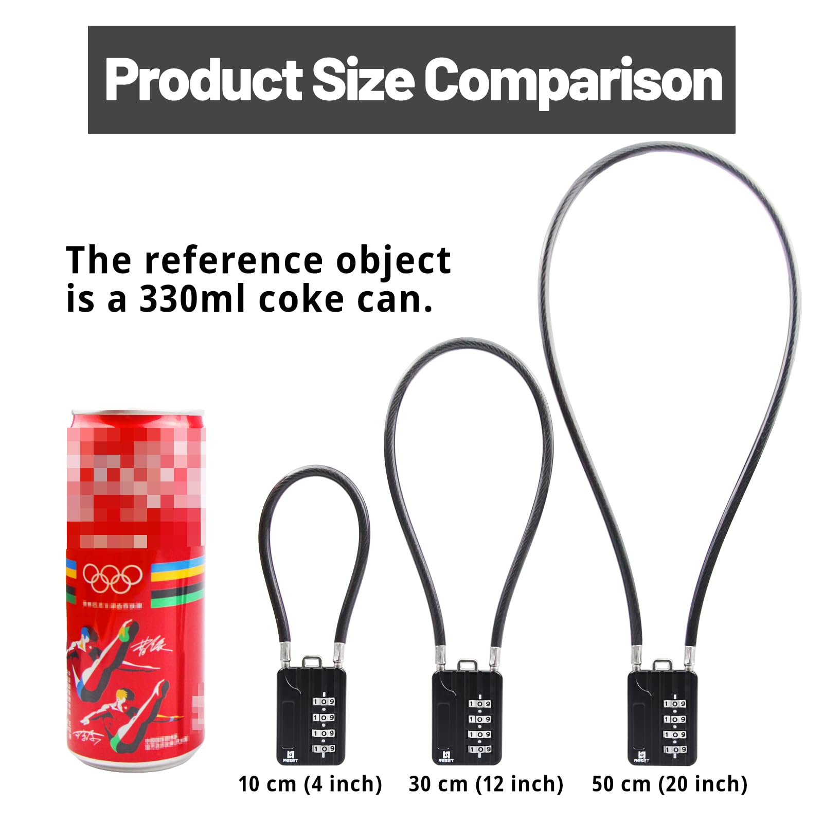 RESET-201 (1 Pack) 4 Digit Combination Padlock with 20 inch (50cm) Steel Cable - Secure Cable Lock for Trash Can, Locker, Gym, Luggage, Suitcase, Gun Case, Helmet - 5mm Diameter Black - Perfect for Outdoor, Travel & Storage Security