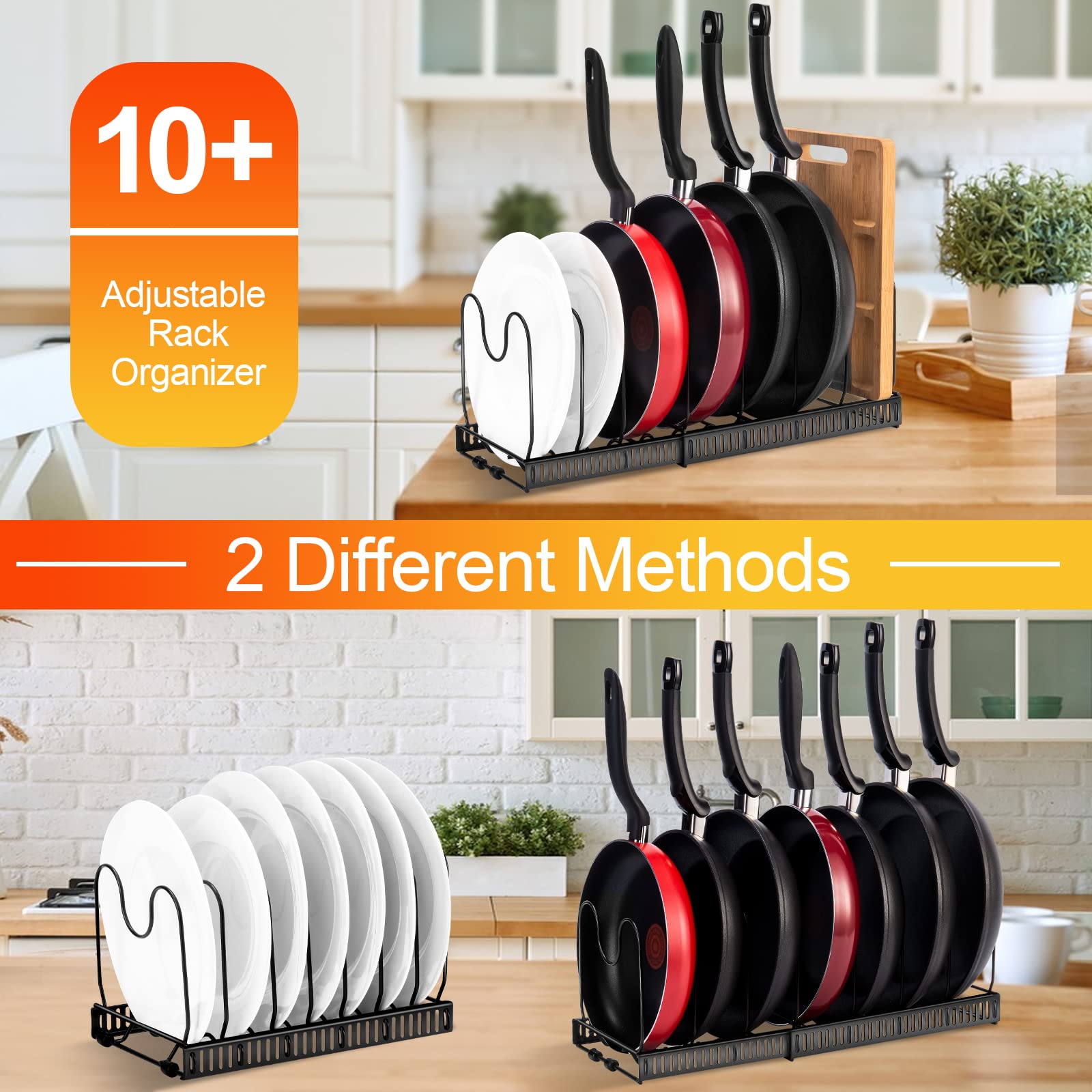 Expandable Pot and Pan Organizer Rack for Kitchen Cabinet - Adjustable Lid Holder with 10 Compartments, 3 DIY Installation Methods - Perfect for Small Kitchen Storage and Space Saving