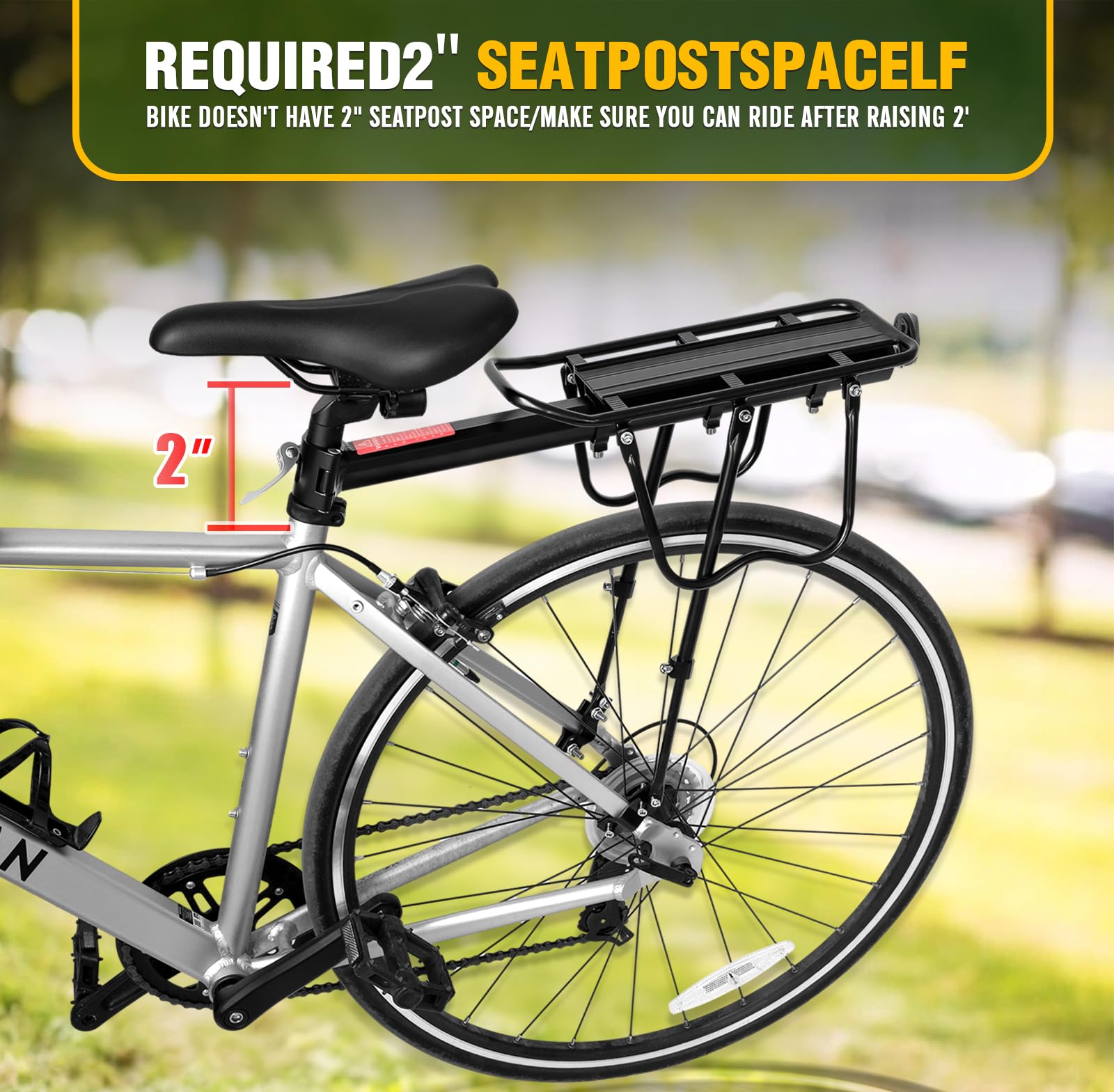Heavy Duty Rear Bike Rack - Universal Adjustable Bicycle Cargo Carrier with 110-135Lb Capacity, Reflective Logo & Stand Footstock - Perfect for Commuting, Touring & Grocery Hauling