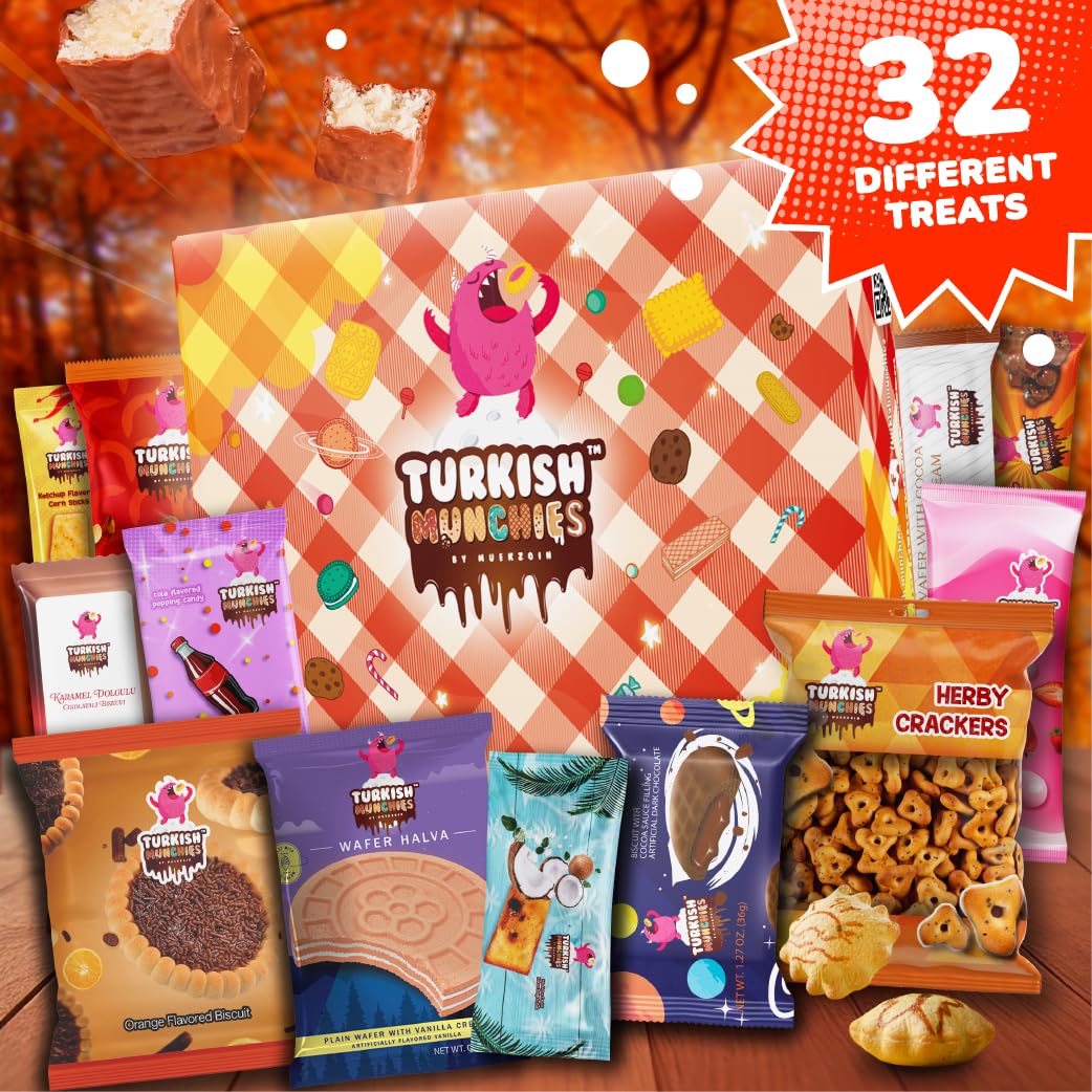 Premium International Snack Box - 32 Full-Size Exotic Snacks from Turkey & Worldwide | Unique Gourmet Candy Gift Set for Foodies | Perfect for Office Snacking, Birthday Gifts & Cultural Food Exploration