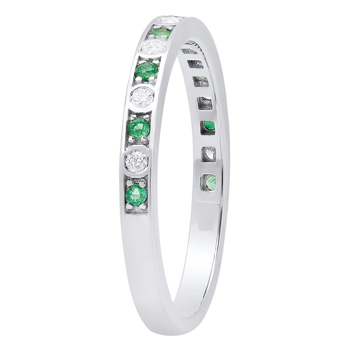 10K White Gold Round Emerald & Diamond Stackable Wedding Band for Women - Anniversary, Engagement, Bridal Jewelry Gift - Perfect for Stacking, Everyday Wear & Special Occasions