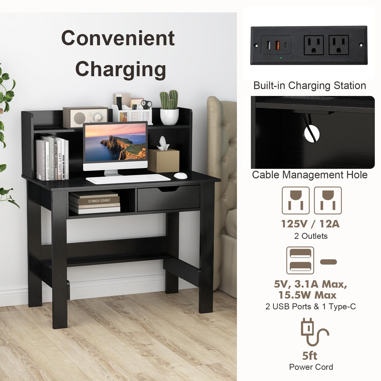Tangkula Modern Computer Desk with Drawer & Hutch - Home Office Writing Desk with Charging Station & Storage Shelves, Space-Saving Workstation for Study, Work & Makeup Vanity | Perfect for Small Spaces, Home Office & Dorm Rooms