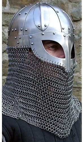 Viking Helmet Battle Armor - 18G Steel Chainmail Mask with Silver Finish | Rustic Norse Warrior Costume Accessory | Medieval Cosplay, Halloween Costume, Home Decor & Unique Gift Idea