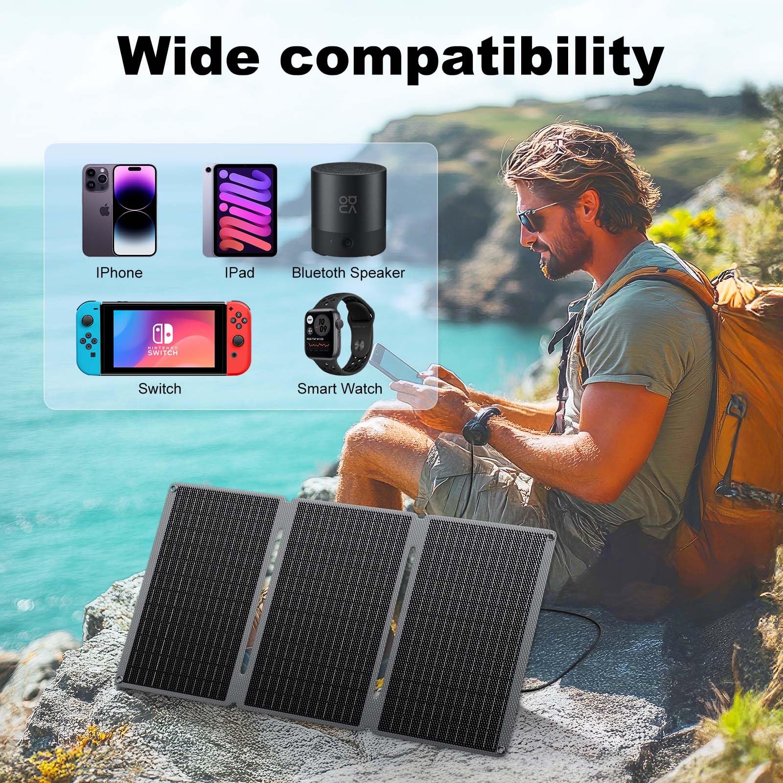 40W Foldable Solar Panel Charger with USB-C/USB-A/DC Outputs - Portable Solar Charger for Phones, Power Banks, Tablets & Small Power Stations - Perfect for Camping, Hiking, RV Trips & Outdoor Adventures