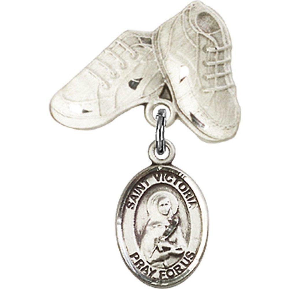 Bonyak Jewelry Sterling Silver St. Victoria Medal Charm with Baby Boots Pin - 1 x 5/8 Inch Religious Pendant for Baptism, Christening & First Communion Gifts - Catholic Saint Necklace for Women & Girls